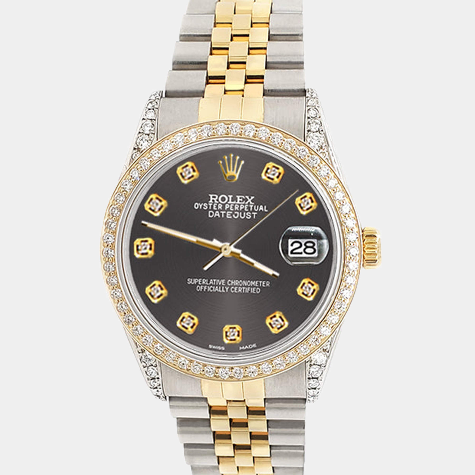 Rolex Custom Rhodium Grey 1.4ct Diamond 18k Yellow Gold Stainless Steel Datejust Automatic Men's Wristwatch 36 mm