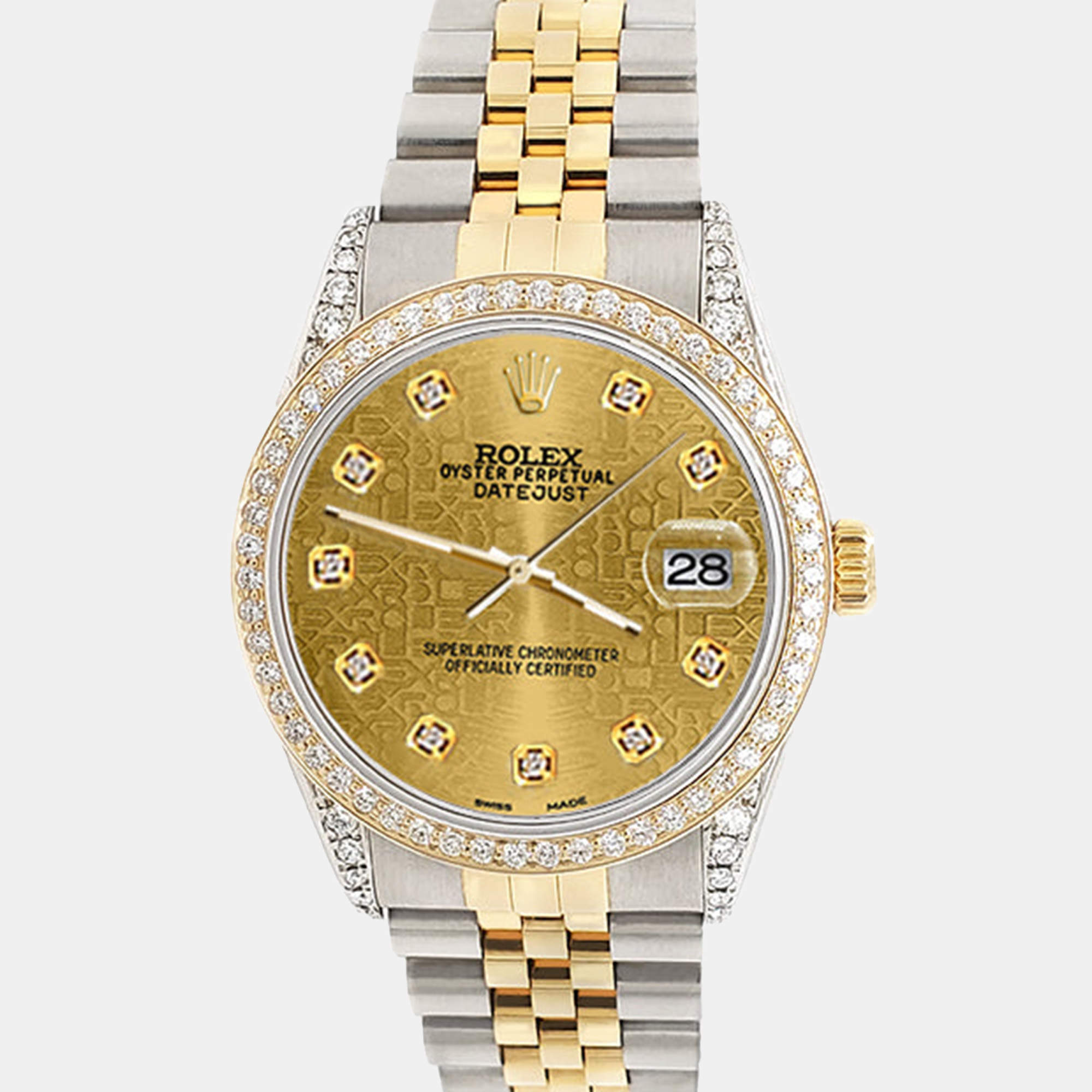 Rolex Custom Champagne 1.4ct Diamond 18k Yellow Gold Stainless Steel Datejust Automatic Men's Wristwatch 36 mm