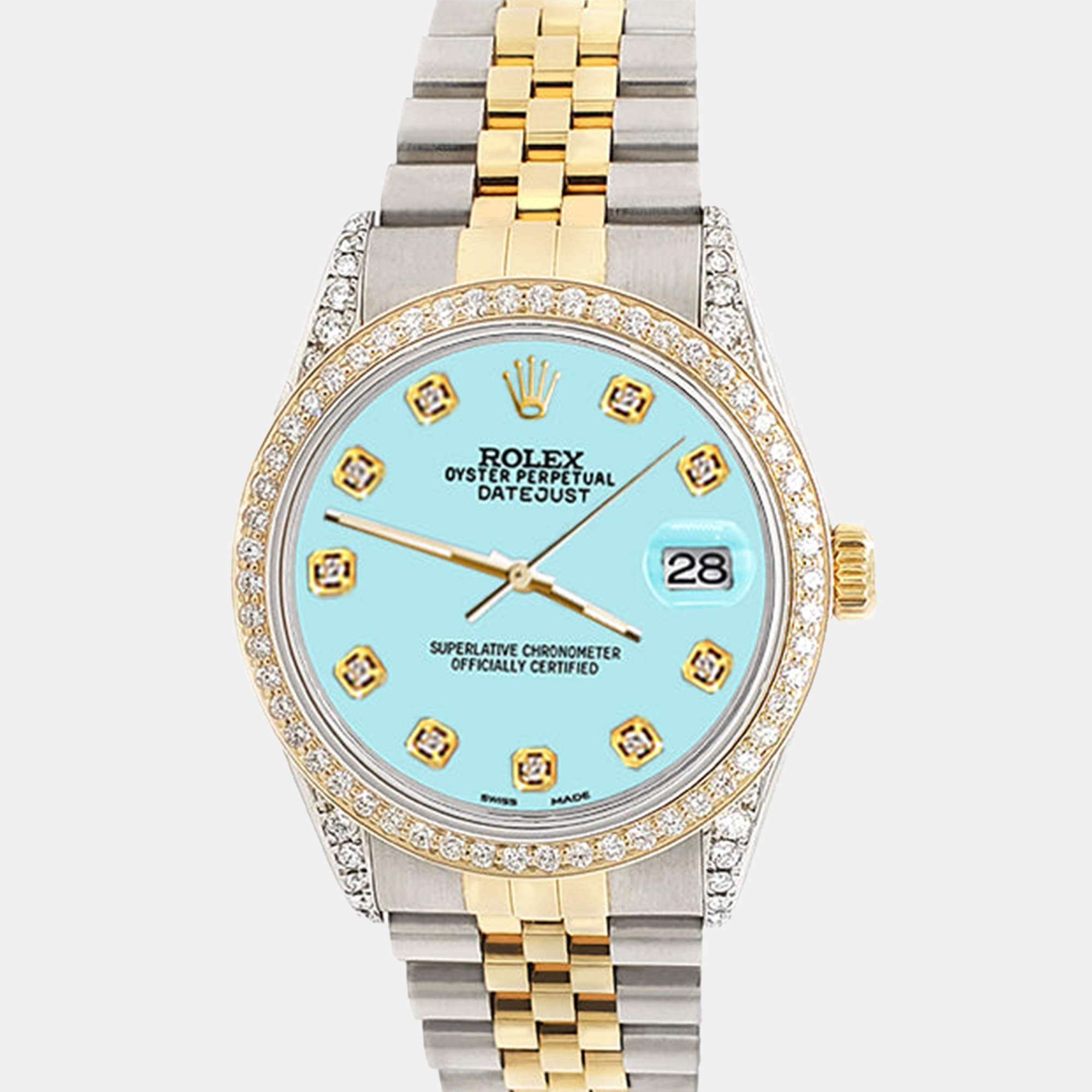 Rolex Custom /Aqua Blue 1.4ct Diamond 18k Yellow Gold Stainless Steel Datejust Automatic Men's Wristwatch 36 mm