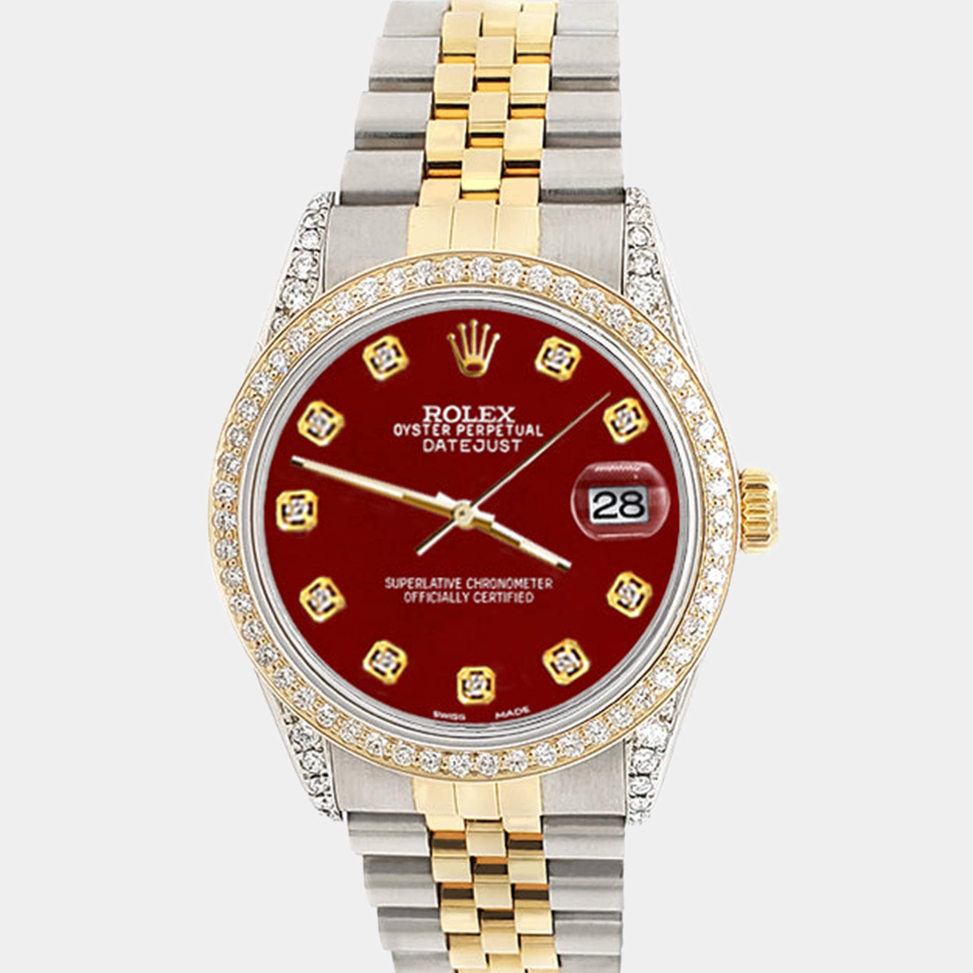 Rolex Custom Imperial Red 1.4ct Diamond 18k Yellow Gold Stainless Steel Datejust Automatic Men's Wristwatch 36 mm