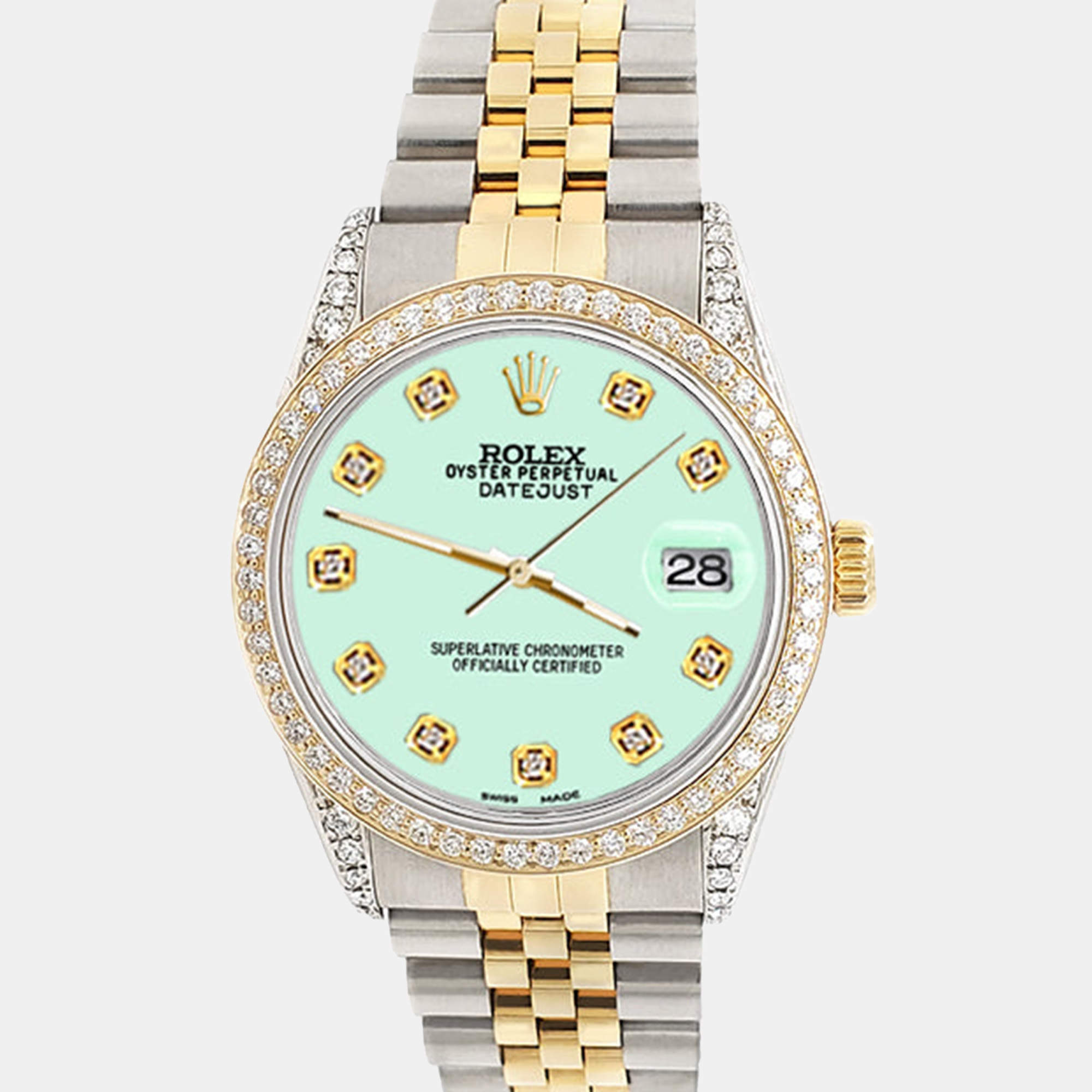 Rolex Custom Light Malachite 1.4ct Diamond 18k Yellow Gold Stainless Steel Datejust Automatic Men's Wristwatch 36 mm