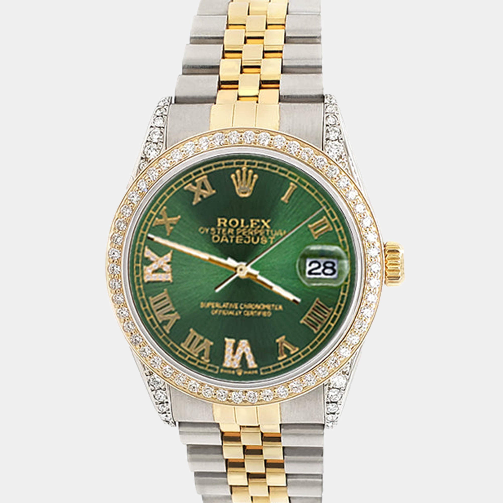 Rolex Custom Royal Green 1.4ct Diamond 18k Yellow Gold Stainless Steel Datejust Automatic Men's Wristwatch 36 mm