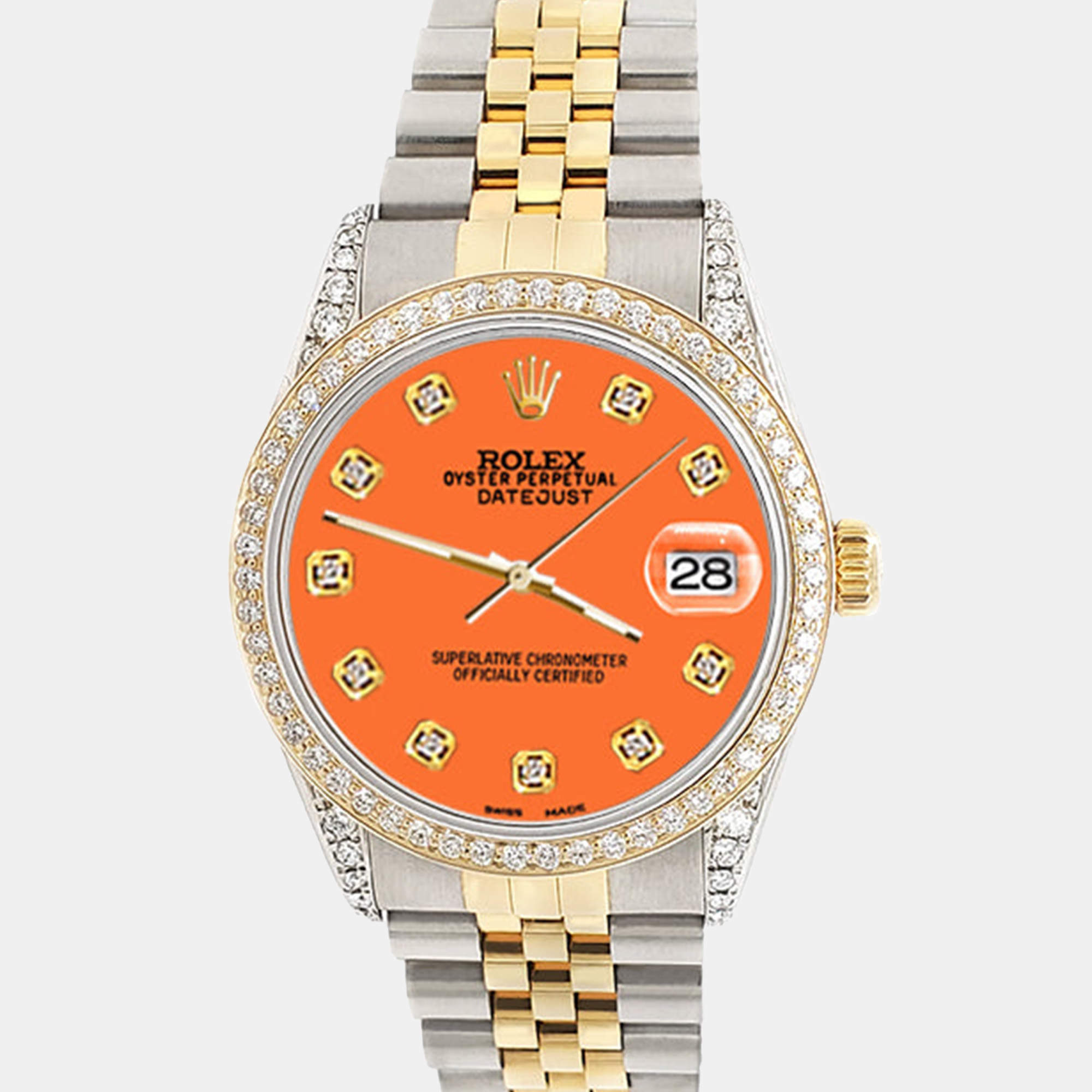 Rolex Custom Pastel Orange 1.4ct Diamond 18k Yellow Gold Stainless Steel Datejust Automatic Men's Wristwatch 36 mm