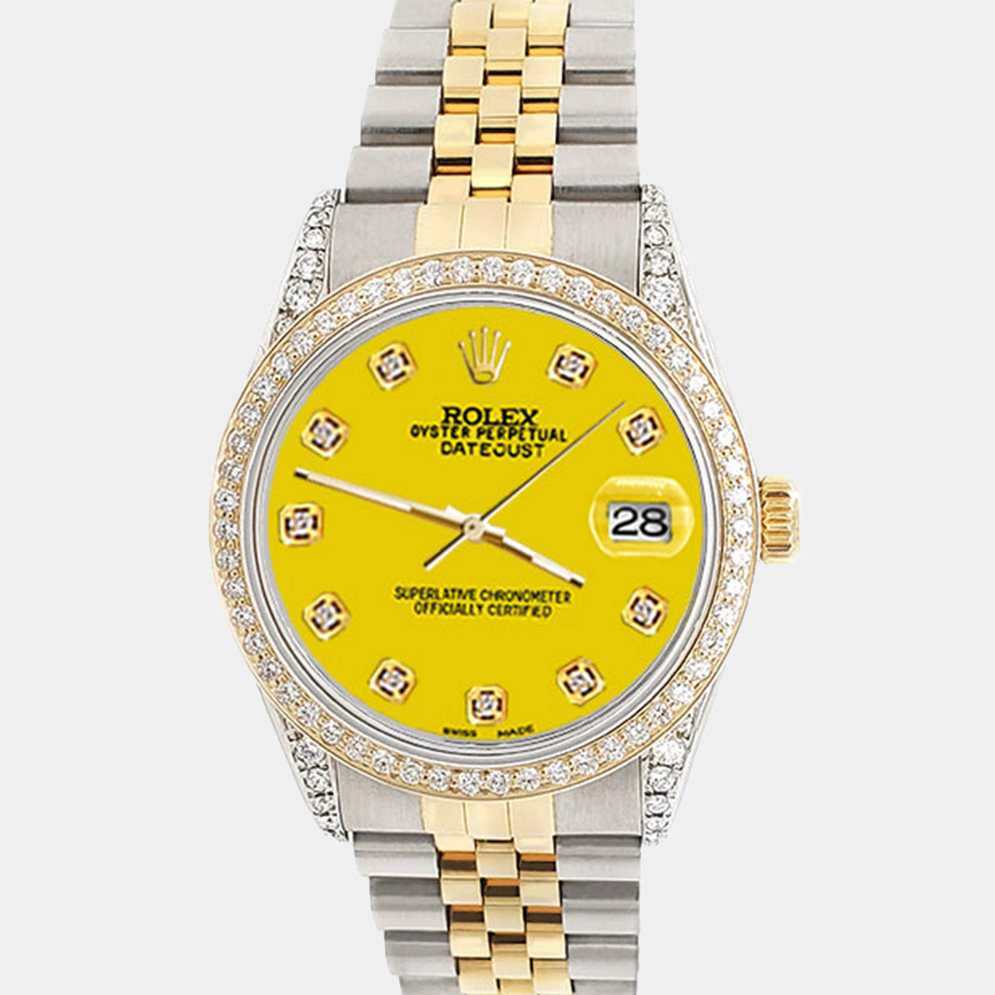 Rolex Custom Yellow 1.4ct Diamond 18k Yellow Gold Stainless Steel Datejust Automatic Men's Wristwatch 36 mm