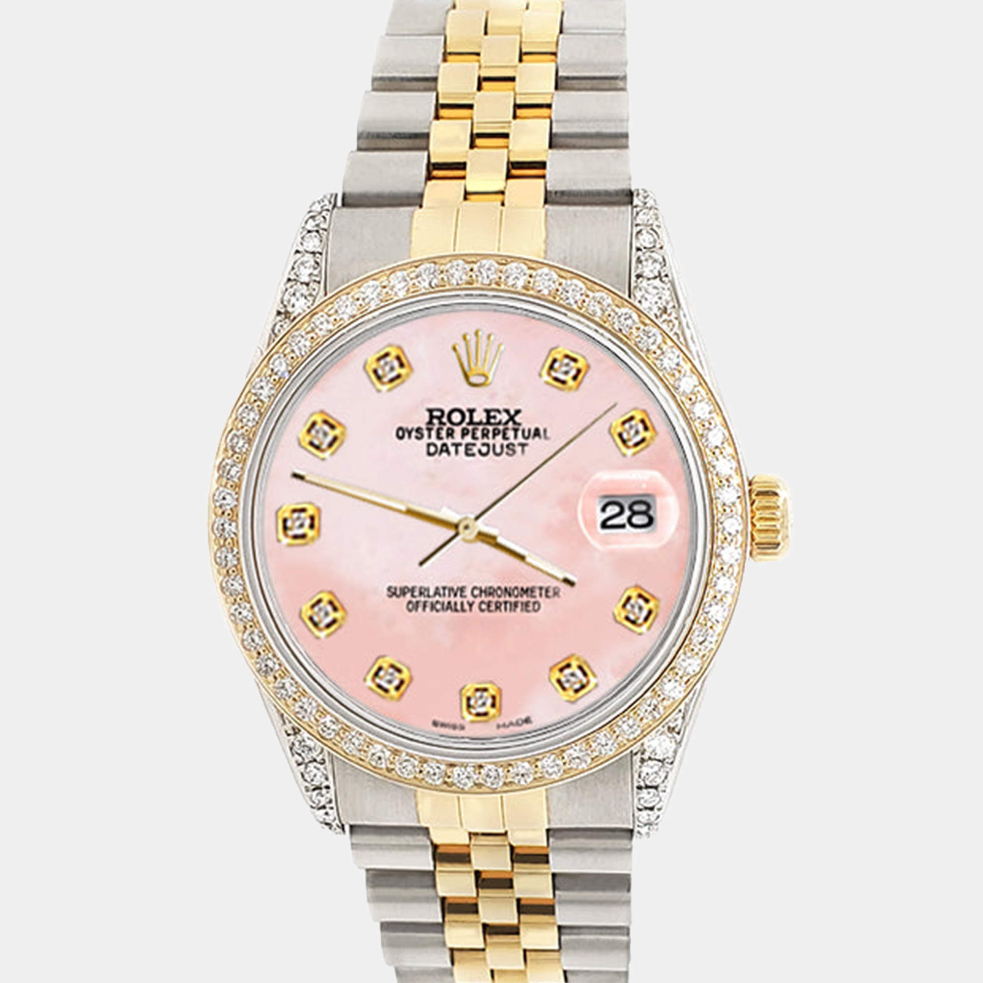 Rolex CustomRoyal Pink MOP 1.4ct Diamond 18k Yellow Gold Stainless Steel Datejust Automatic Men's Wristwatch 36 mm