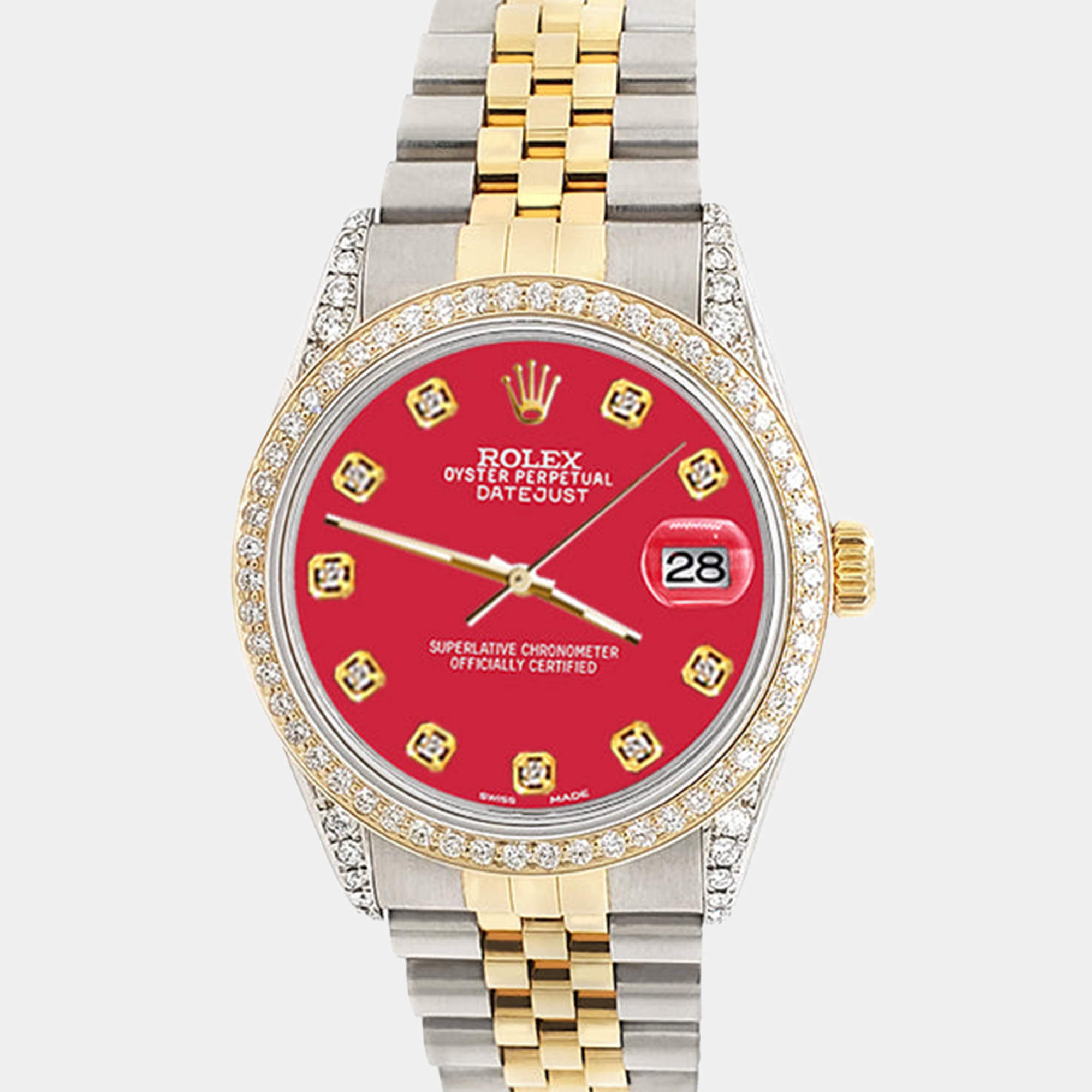 Rolex Custom Scarlet Red 1.4ct Diamond 18k Yellow Gold Stainless Steel Datejust Automatic Men's Wristwatch 36 mm