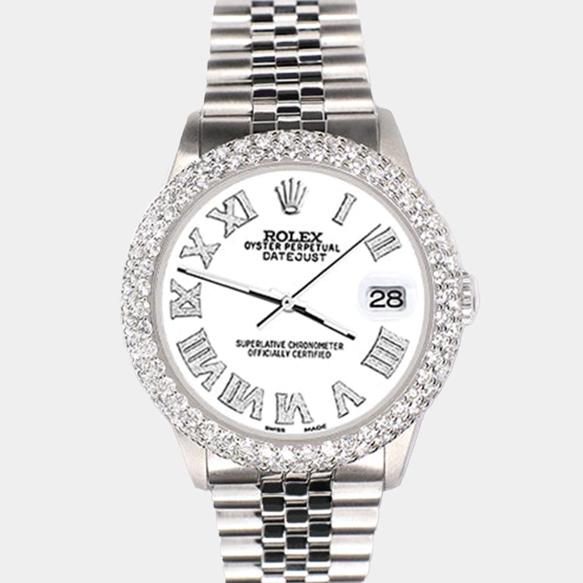 Rolex Custom White 4.6ct Diamond Stainless Steel Datejust Automatic Men's Wristwatch 36 mm