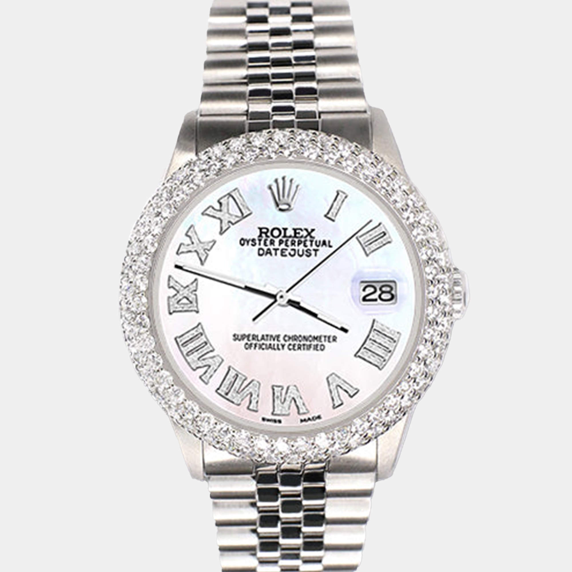 Rolex Custom 4.6ct White MOP Diamond Stainless Steel Datejust Automatic Men's Wristwatch 36 mm