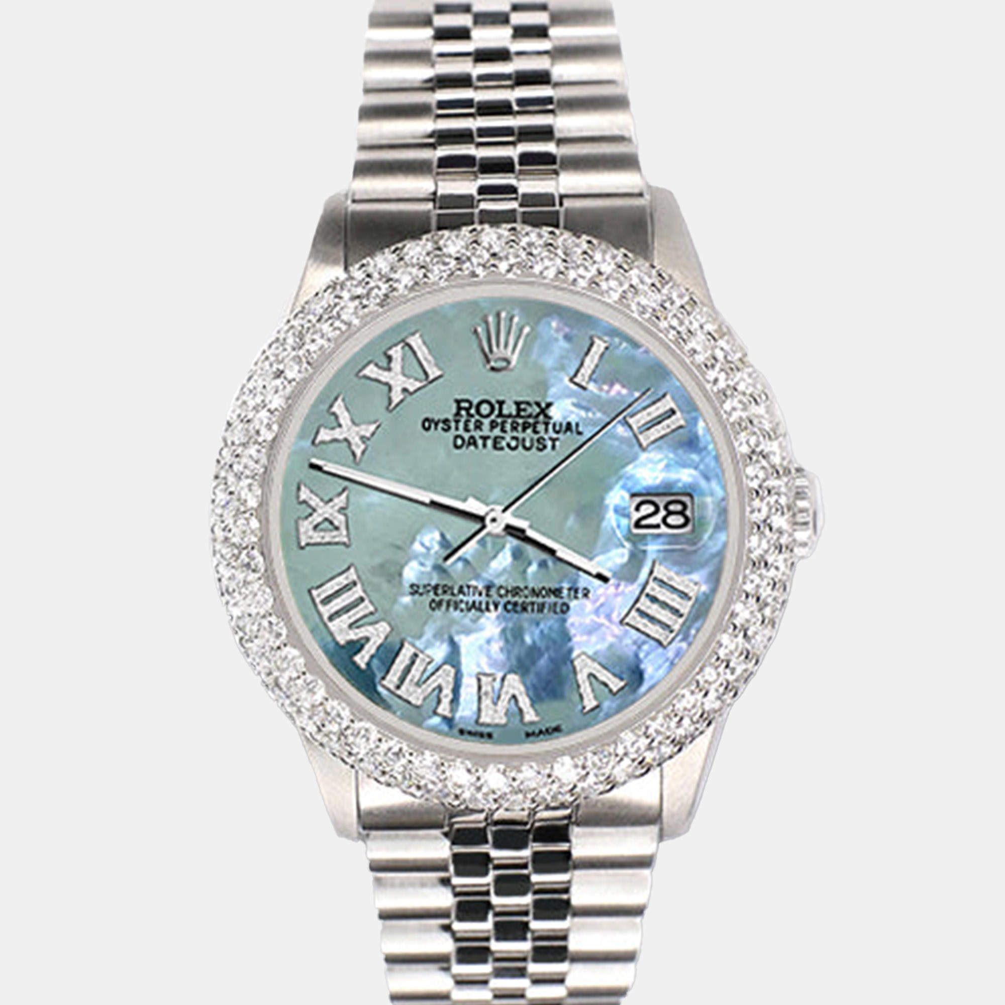 Rolex Custom Tahitian Blue 4.6ct Diamond Stainless Steel Datejust Automatic Men's Wristwatch 36 mm