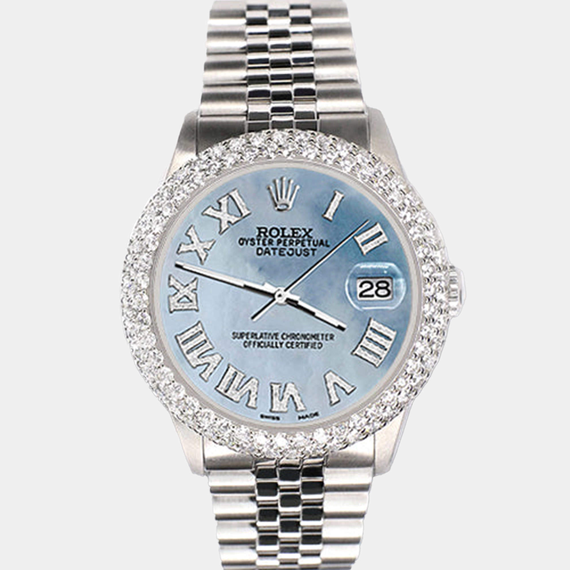 Rolex CustomSky Blue MOP 4.6ct Diamond Stainless Steel Datejust Automatic Men's Wristwatch 36 mm