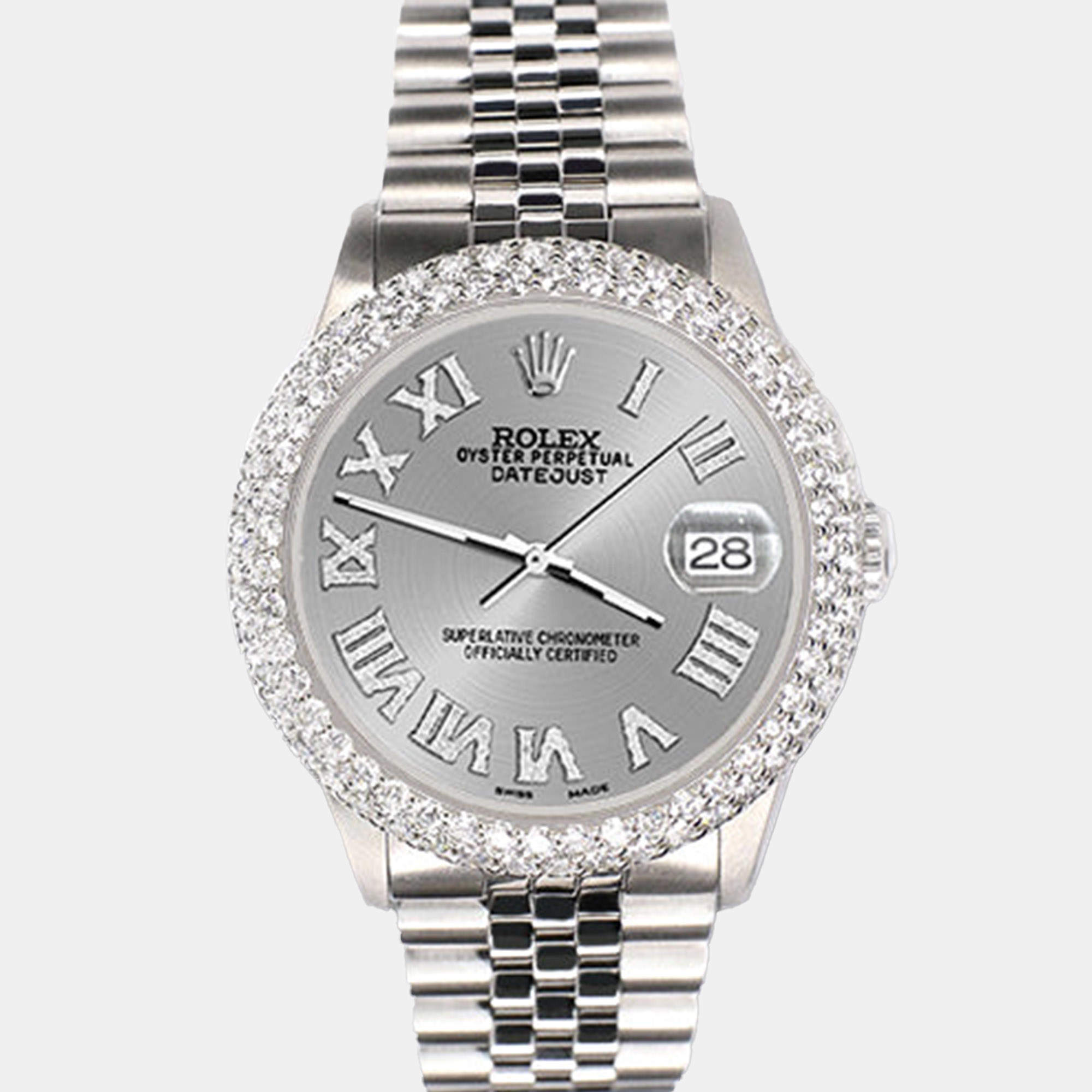 Rolex Custom Silver 4.6ct Diamond Stainless Steel Datejust Automatic Men's Wristwatch 36 mm