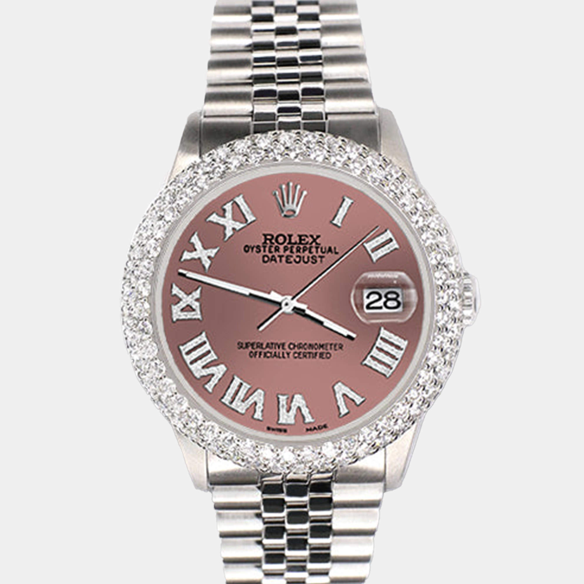 Rolex Custom Salmon 4.6ct Diamond Stainless Steel Datejust Automatic Men's Wristwatch 36 mm