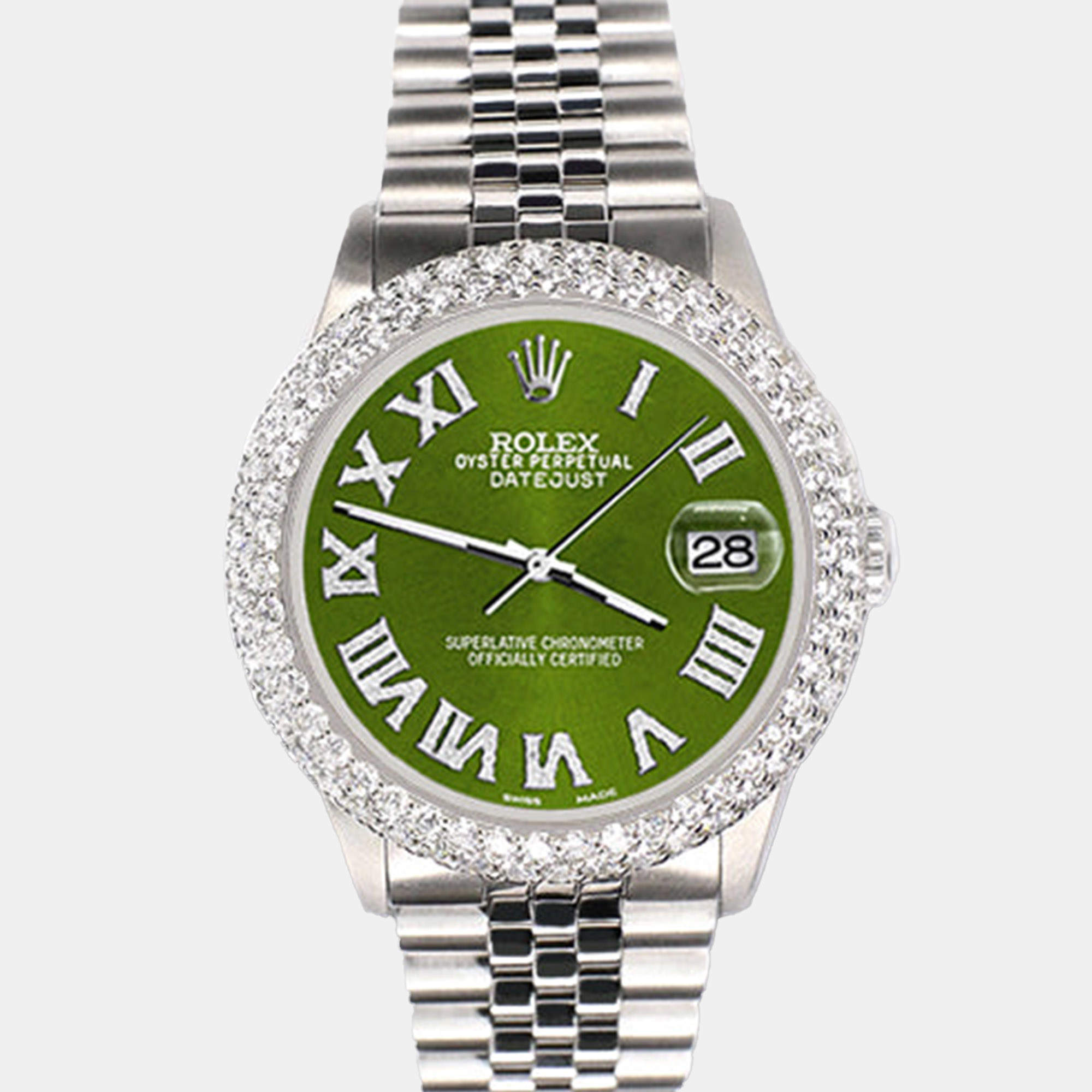 Rolex Custom Royal Green 4.6ct Diamond Stainless Steel Datejust Automatic Men's Wristwatch 36 mm