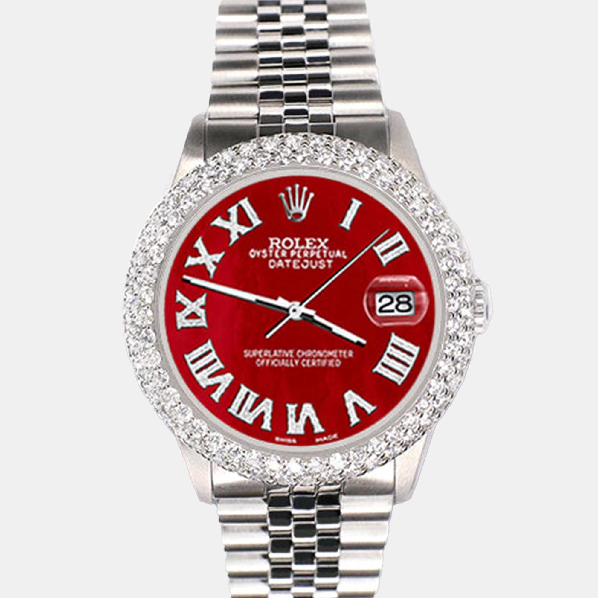Rolex Custom Red MOP 4.6ct Diamond Stainless Steel Datejust Automatic Men's Wristwatch 36 mm