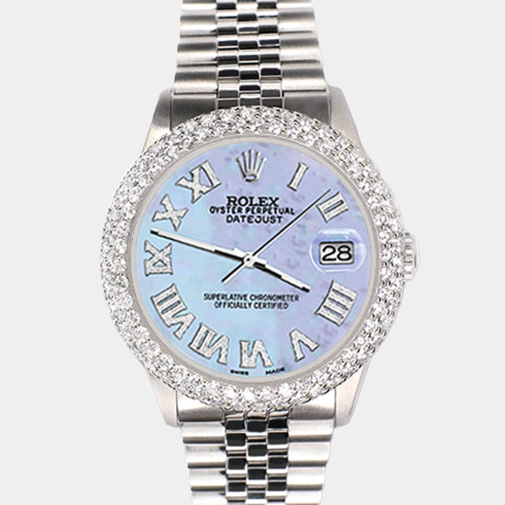 Rolex Custom Purple MOP 4.6ct Diamond Stainless Steel Datejust Automatic Men's Wristwatch 36 mm