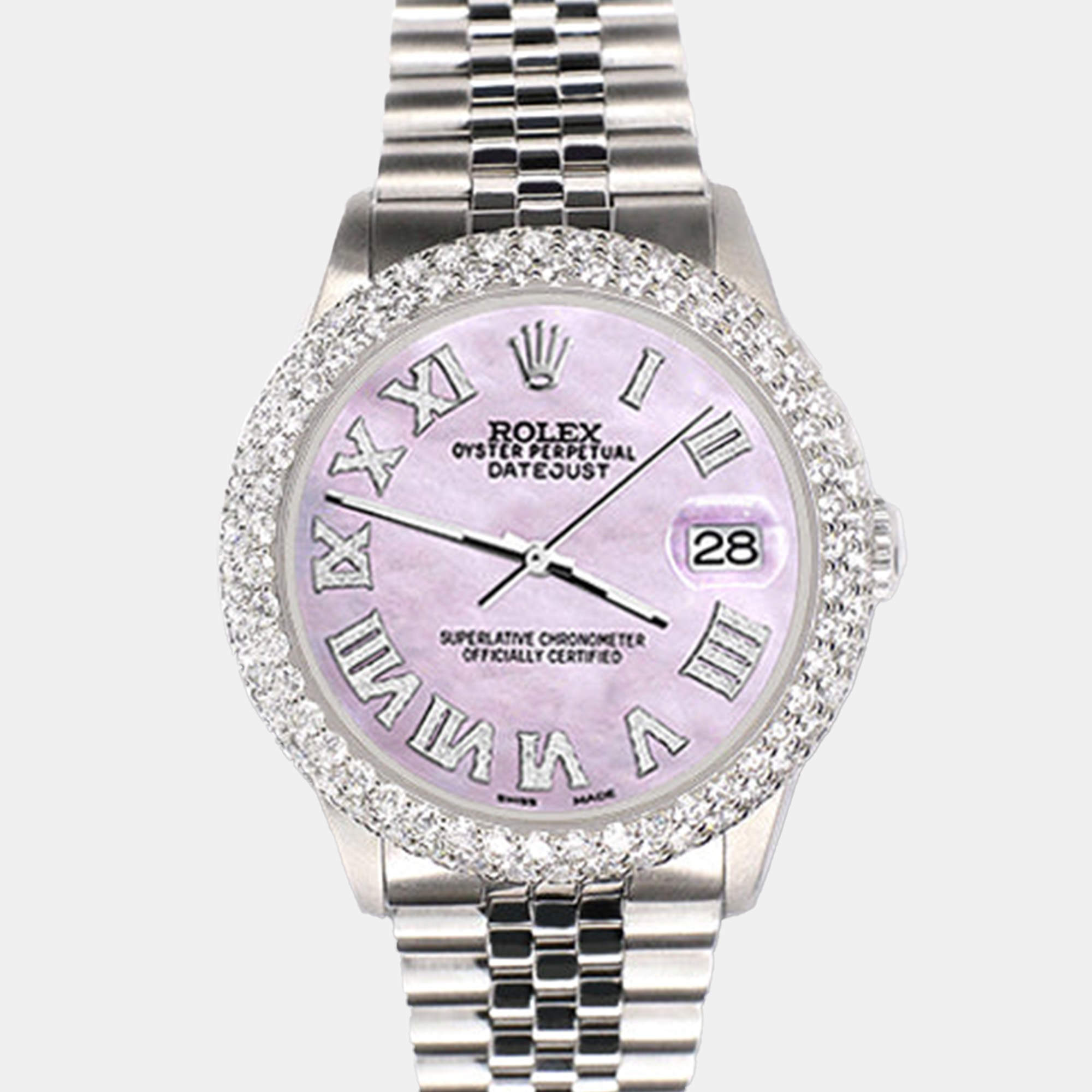 Rolex Custom Pink 4.6ct Diamond Stainless Steel Datejust Automatic Men's Wristwatch 36 mm