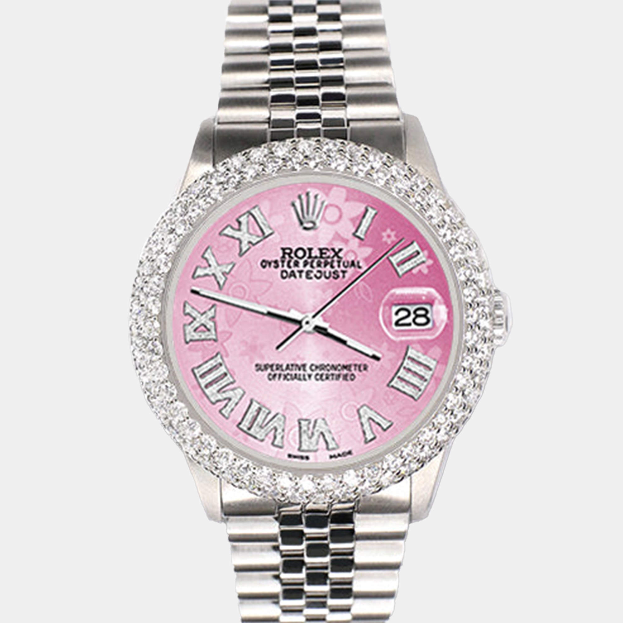 Rolex Custom Pink 4.6ct Diamond Stainless Steel Datejust Automatic Men's Wristwatch 36 mm