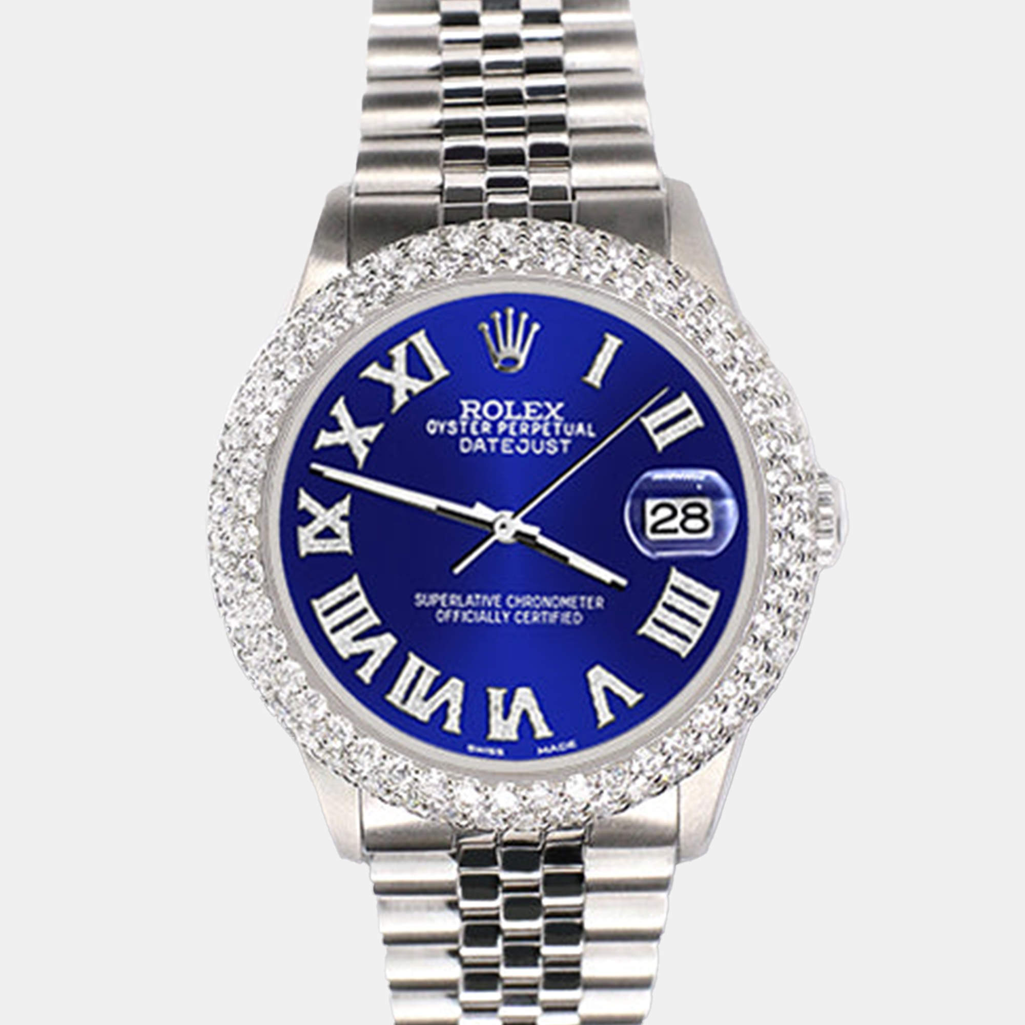 Rolex Custom Navy Blue 4.6ct Diamond Stainless Steel Datejust Automatic Men's Wristwatch 36 mm