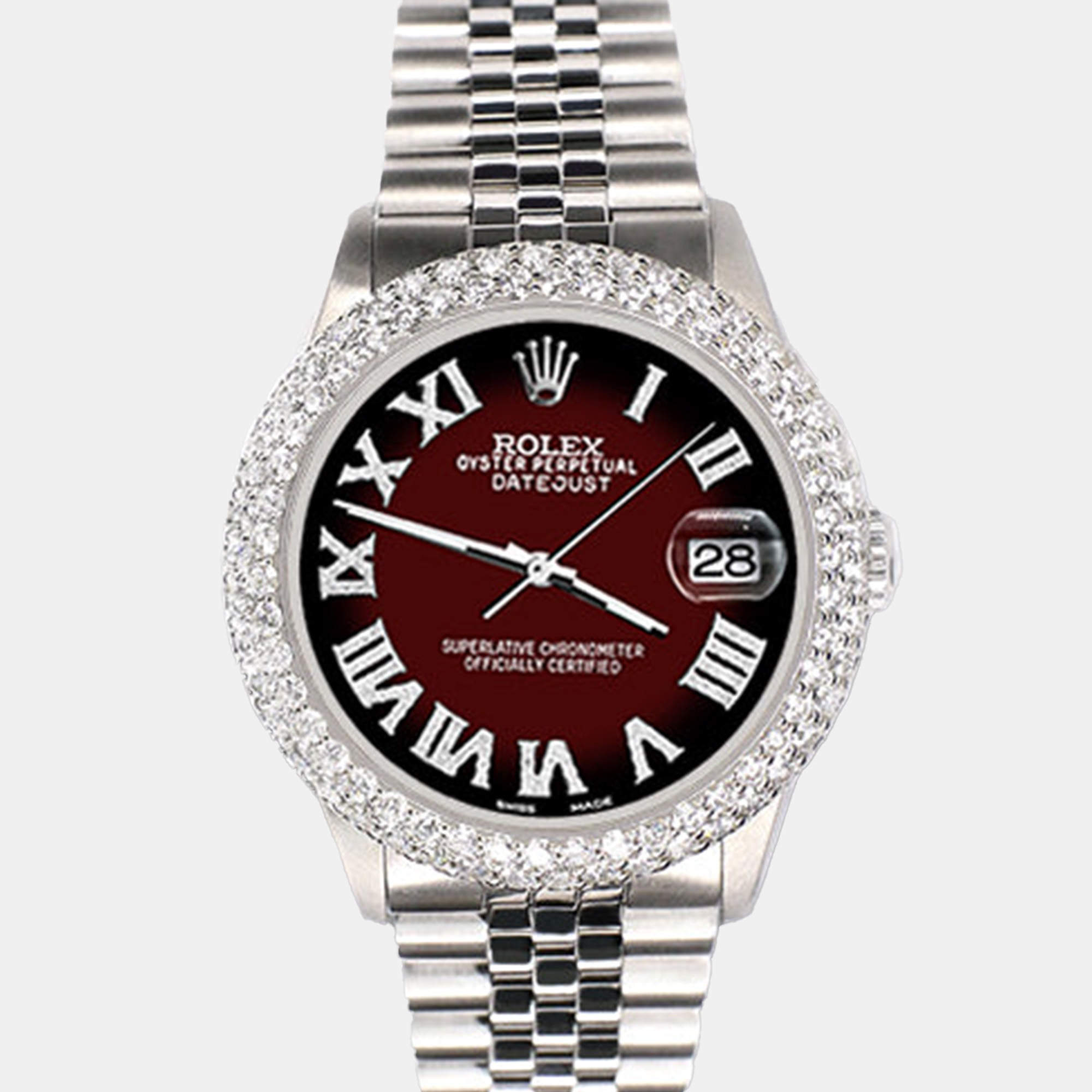 Rolex Custom Maroon Vignette 4.6ct Diamond Stainless Steel Datejust Automatic Men's Wristwatch 36 mm