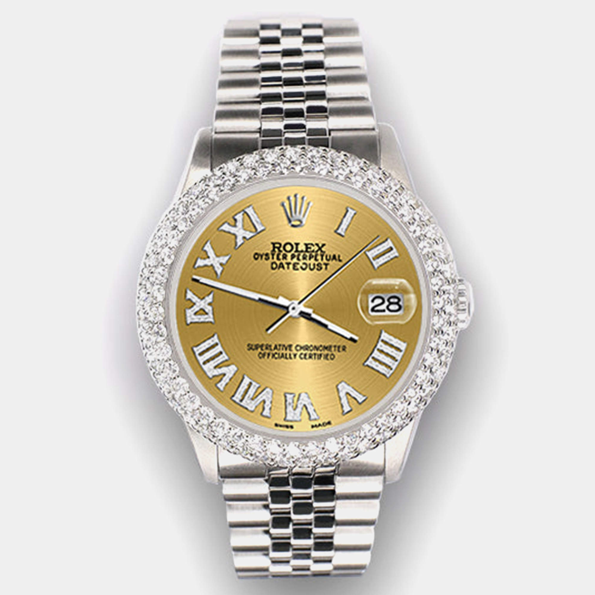 Rolex Custom Champagne 4.6ct Diamond Stainless Steel Datejust Automatic Men's Wristwatch 36 mm