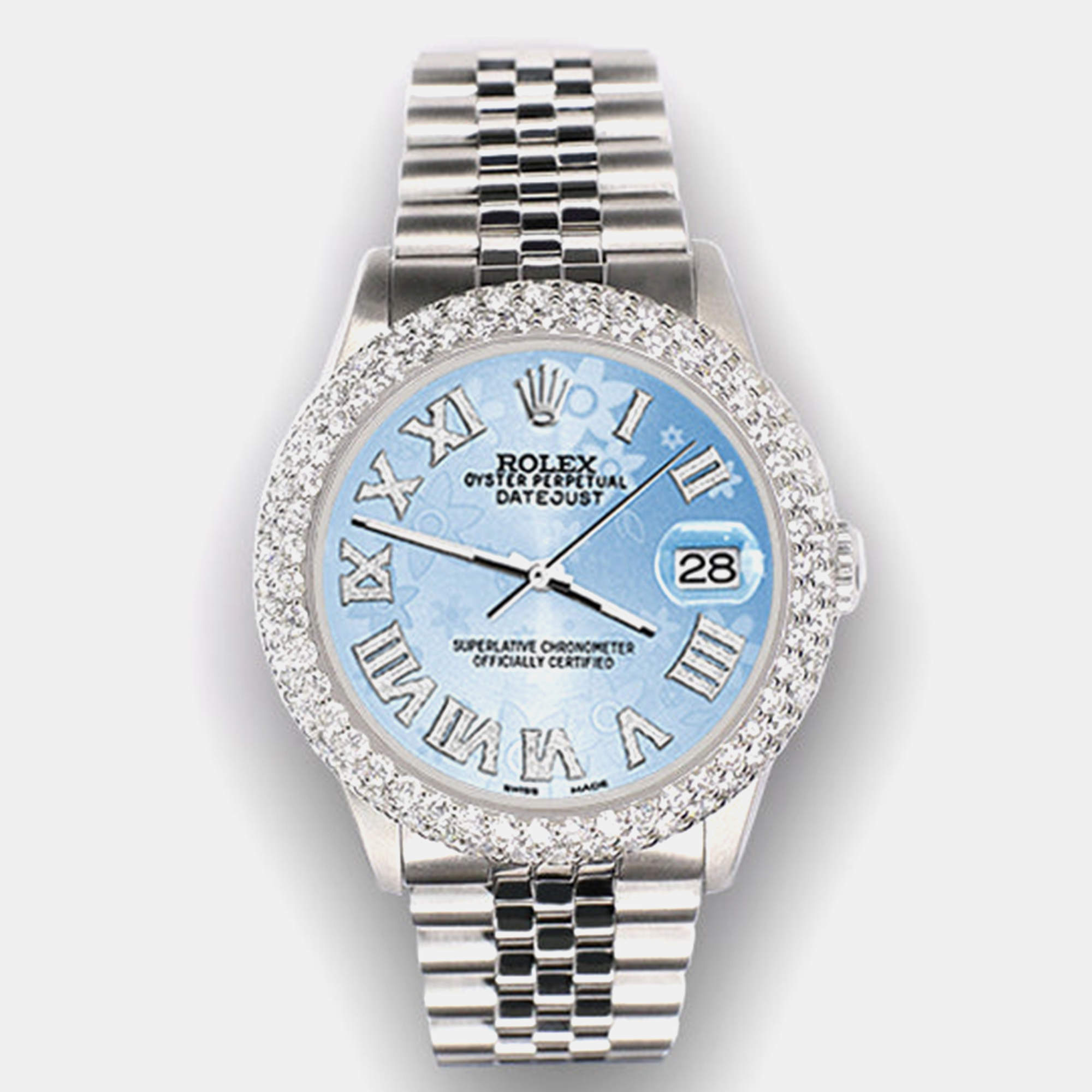 Rolex Custom Blue 4.6ct Diamond Stainless Steel Datejust Automatic Men's Wristwatch 36 mm