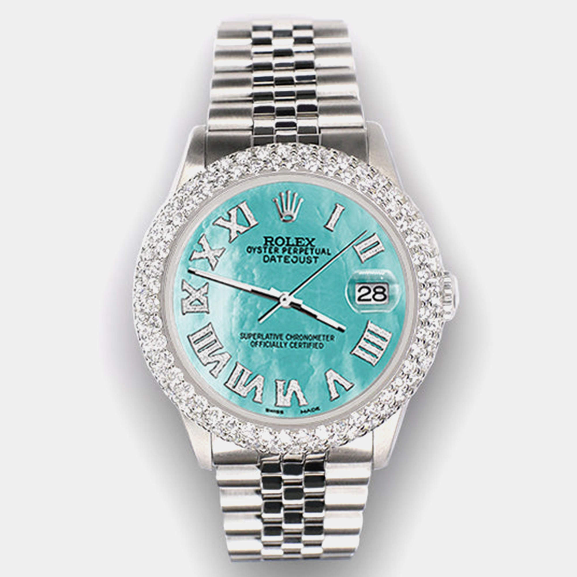 Rolex Custom Aquamarine MOP 4.6ct Diamond Stainless Steel Datejust Automatic Men's Wristwatch 36 mm