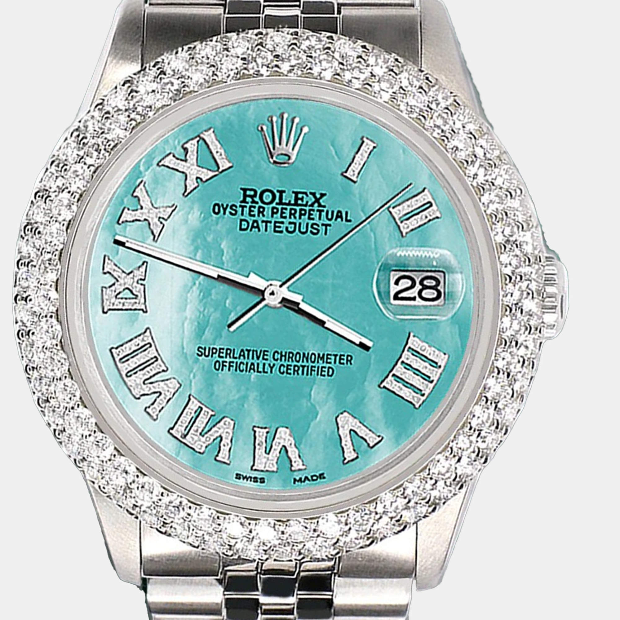 Rolex Custom Aquamarine 4.6ct Diamond Stainless Steel Datejust Automatic Men's Wristwatch 36 mm