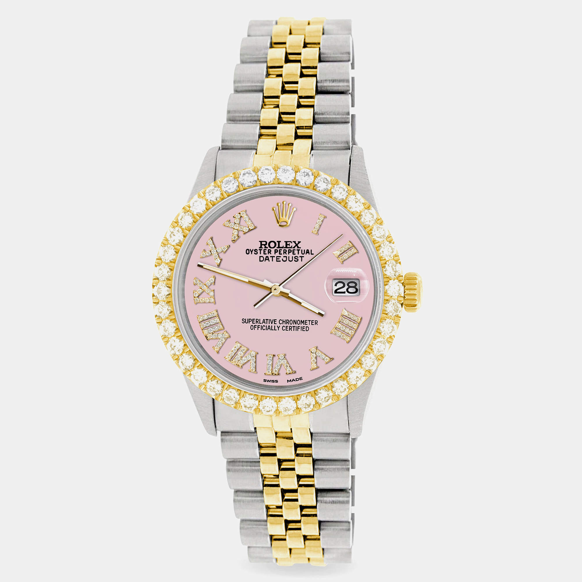Rolex Custom Orchid Pink 3.10CT Diamond 18K Yellow Gold Stainless Steel Datejust  Automatic Men's Wristwatch 36mm