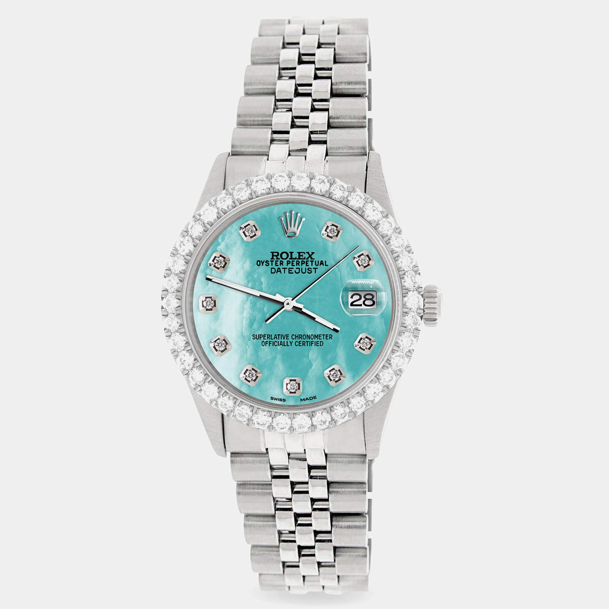 Rolex Custom Aquamarine Blue Diamond Stainless Steel Datejust  Automatic Men's Wristwatch 36MM