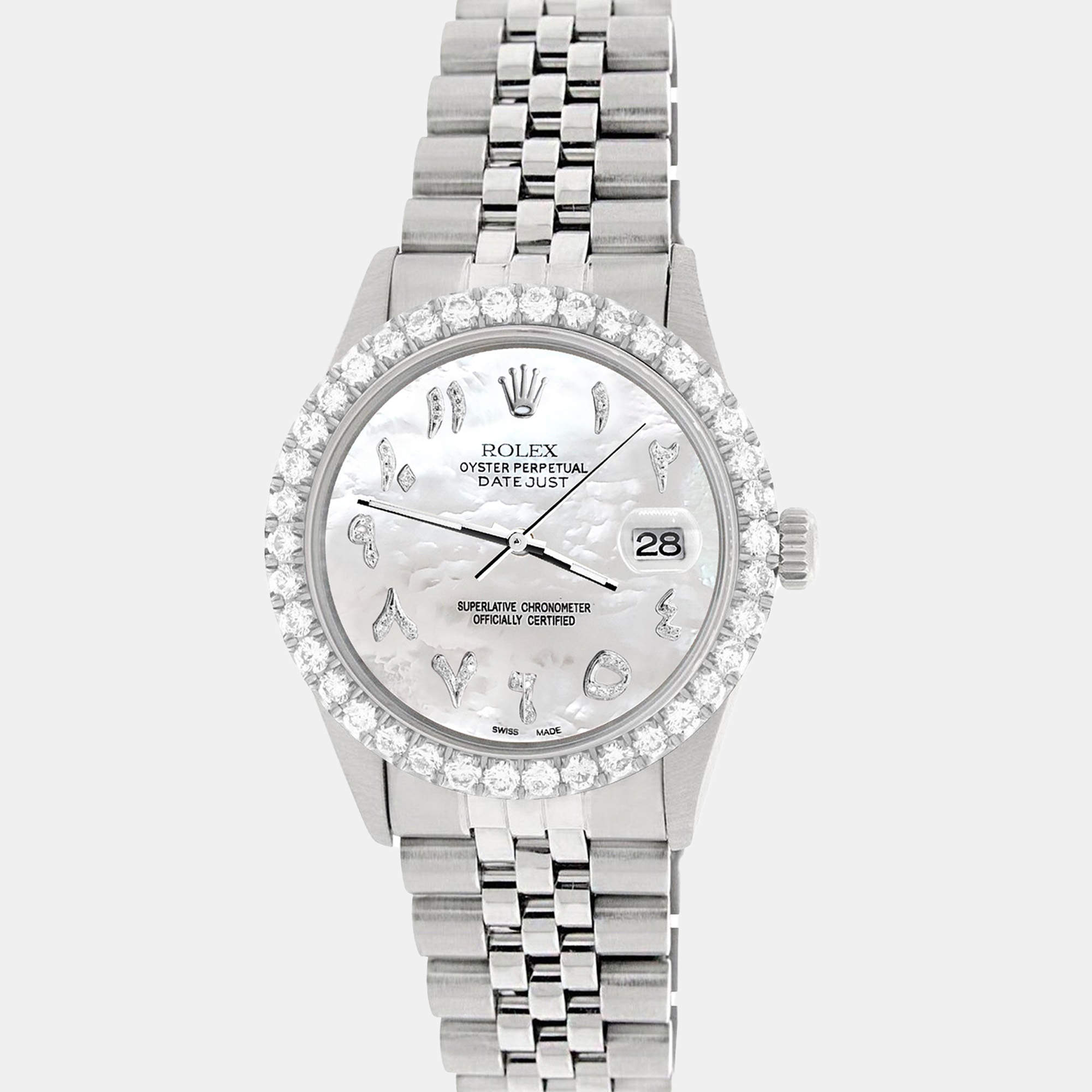 Rolex Custom White Pearl 3.35CT Diamond Stainless Steel Datejust  Automatic Men's Wristwatch 36MM