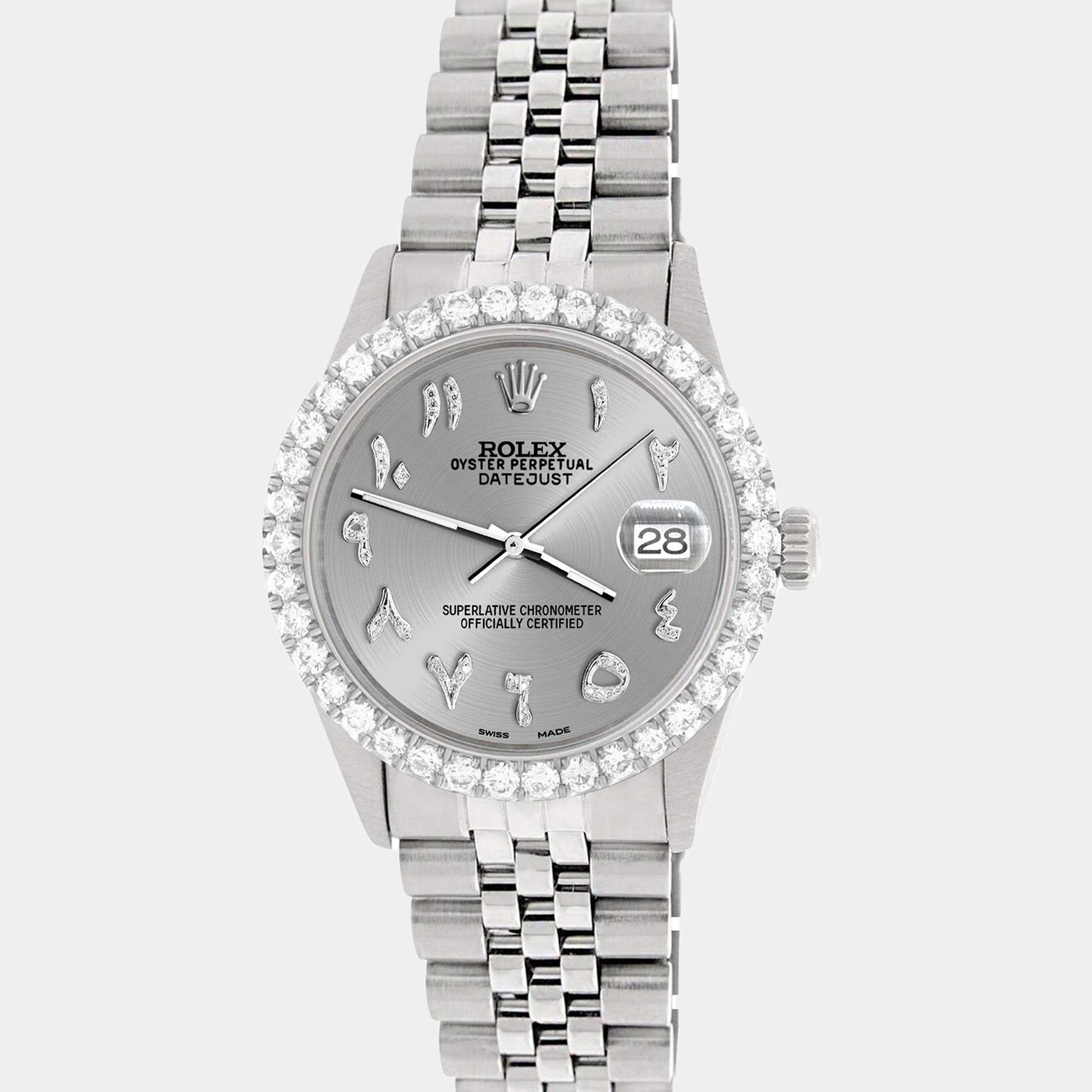 Rolex Custom Silver 3.35CT Diamond Stainless Steel Datejust  Automatic Men's Wristwatch 36MM