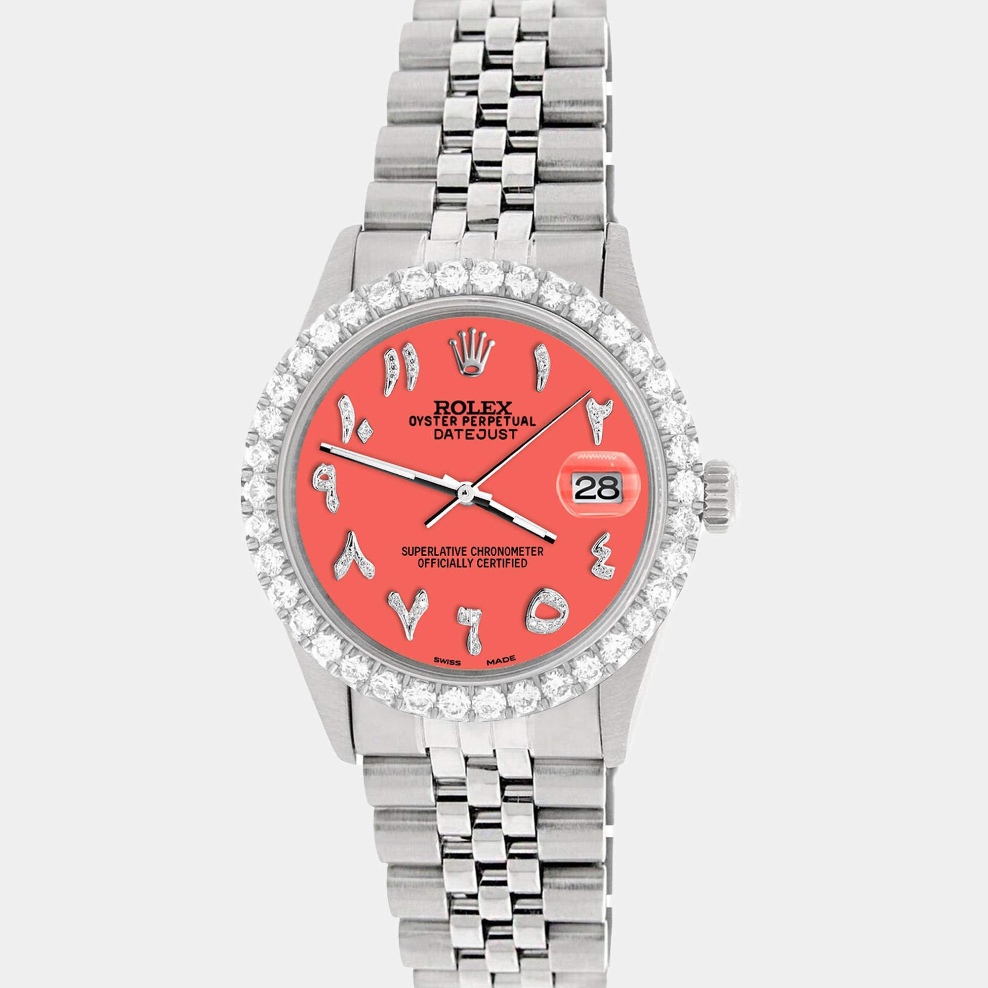 Rolex Custom Matt Coral 3.35CT Diamond Stainless Steel Datejust  Automatic Men's Wristwatch 36MM