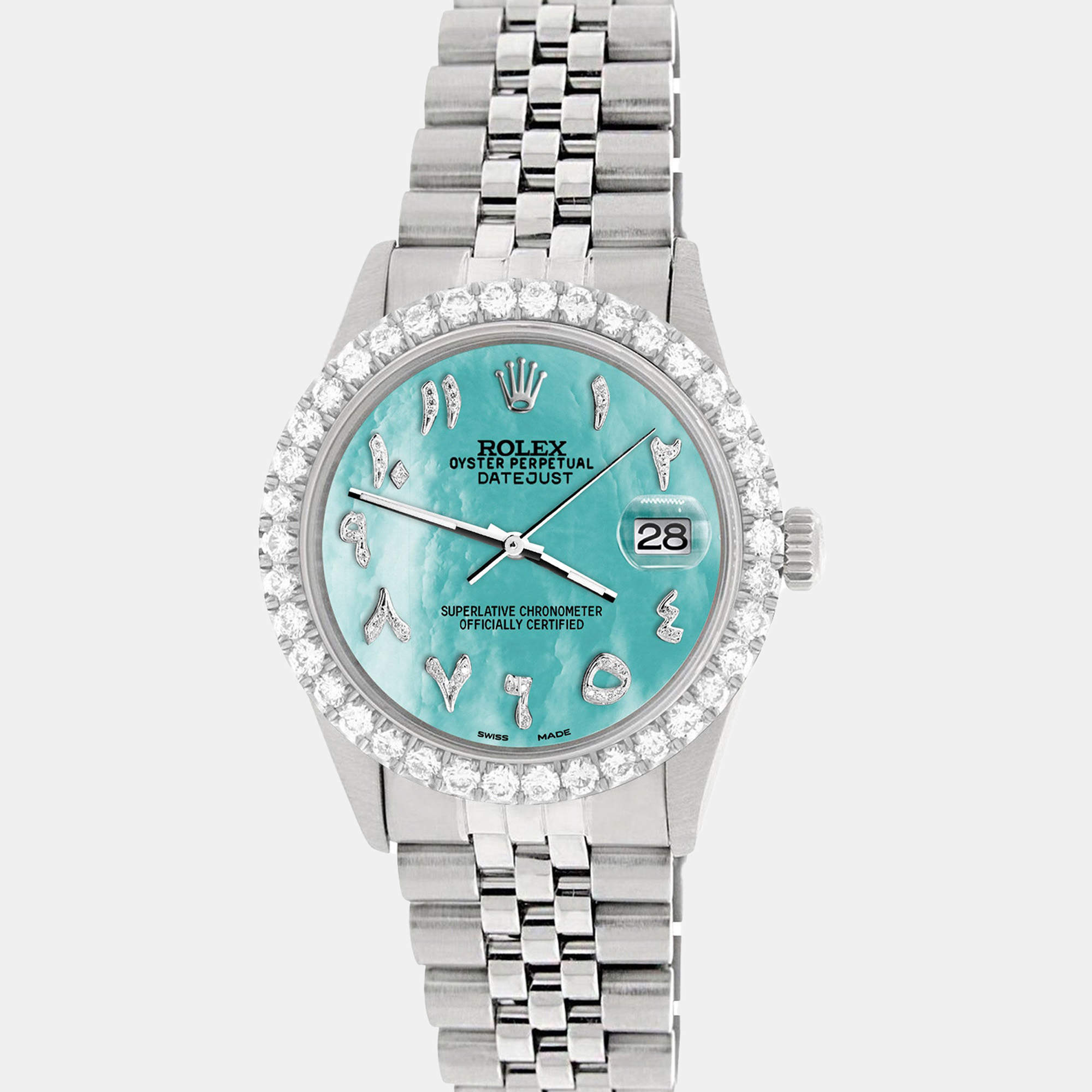 Rolex Custom Aquamarine Blue 3.35CT Diamond Stainless Steel Datejust  Automatic Men's Wristwatch 36MM