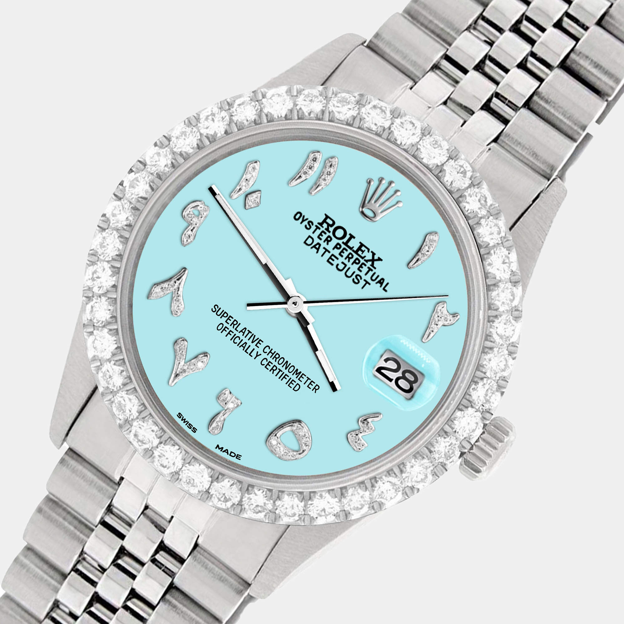 Rolex Custom Aqua Blue 3.35CT Diamond Stainless Steel Datejust  Automatic Men's Wristwatch 36MM