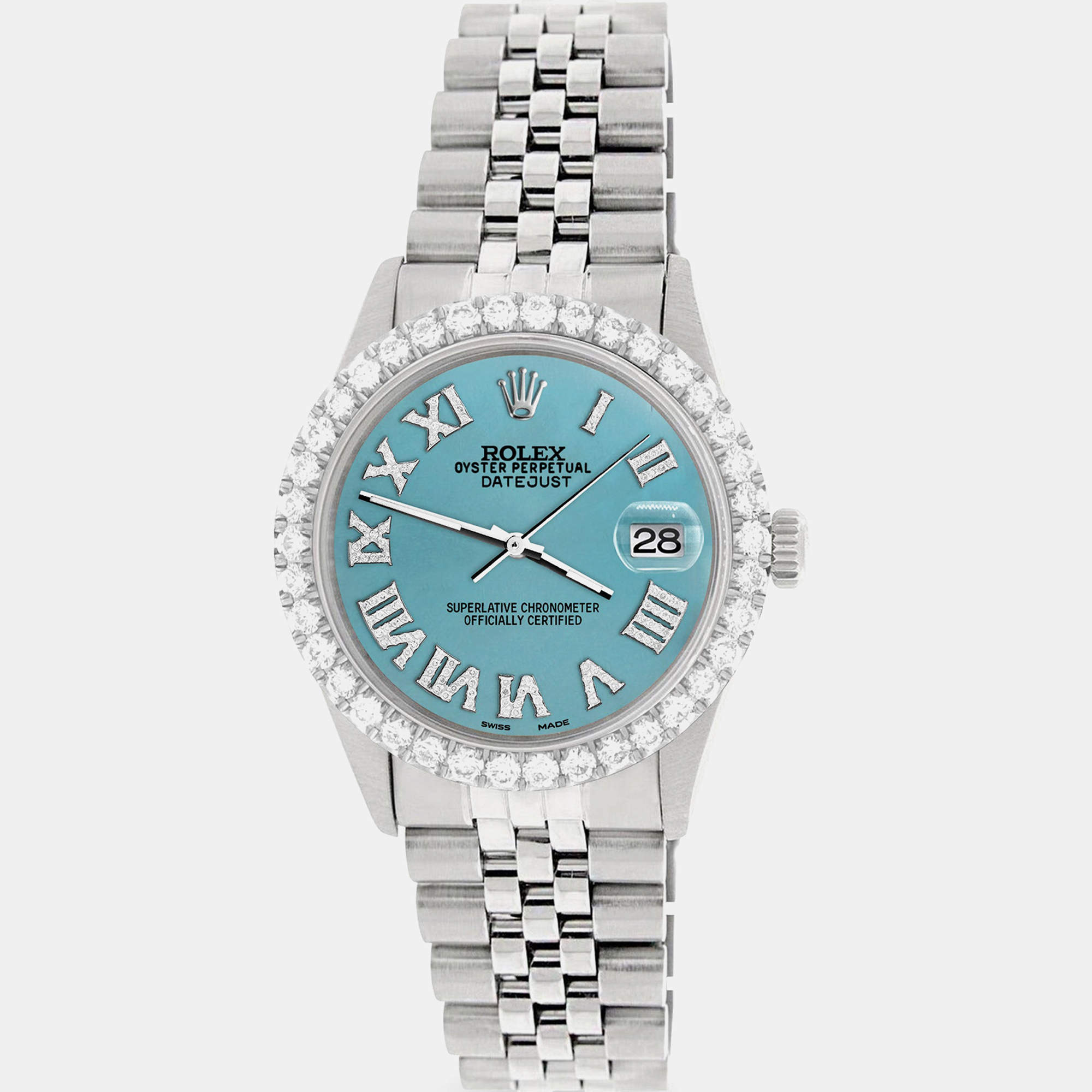 Rolex Custom Turquoise 3.3CT Diamond Stainless Steel Datejust  Automatic Men's Wristwatch 36MM