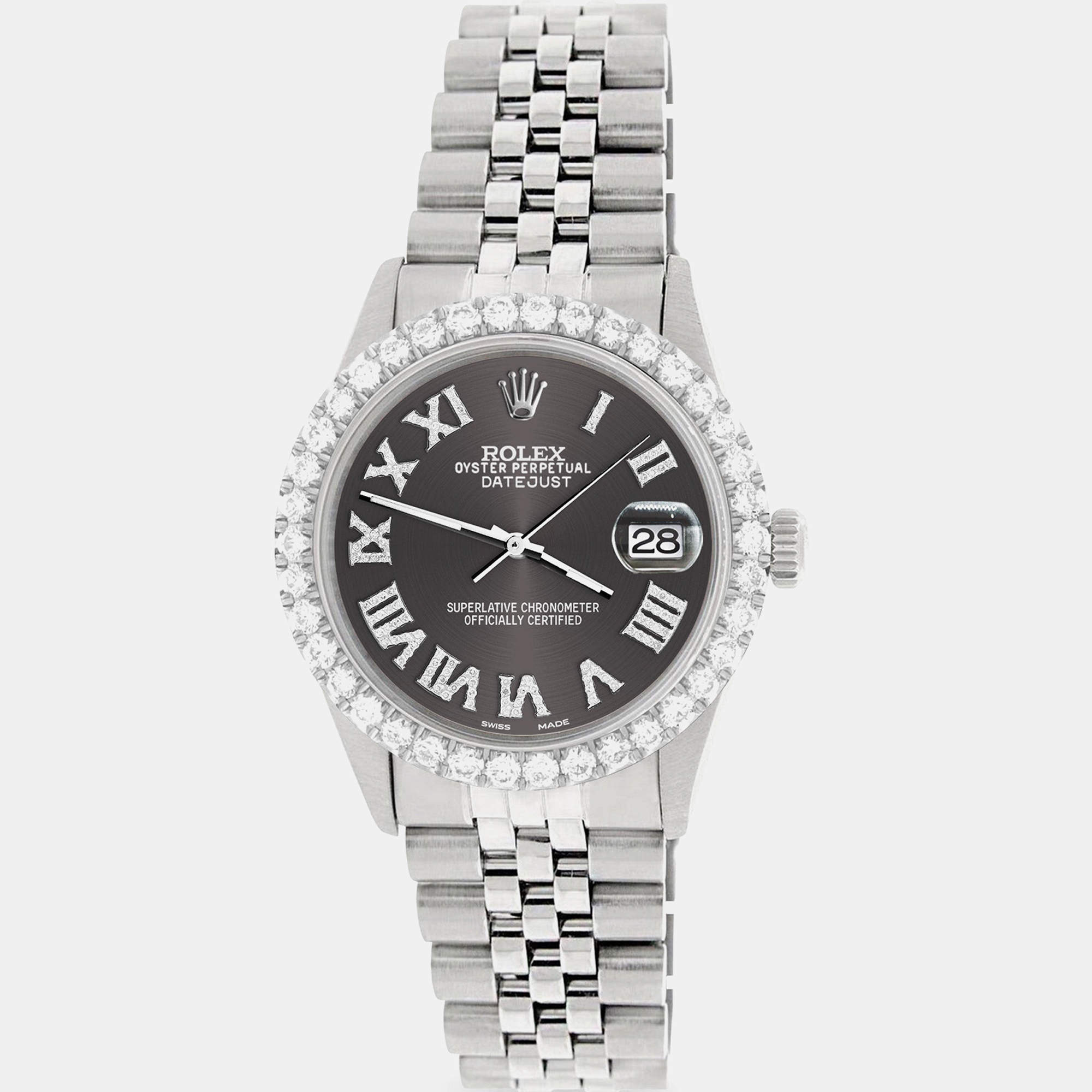 Rolex Custom Grey 3.3CT Diamond Stainless Steel Datejust  Automatic Men's Wristwatch 36MM