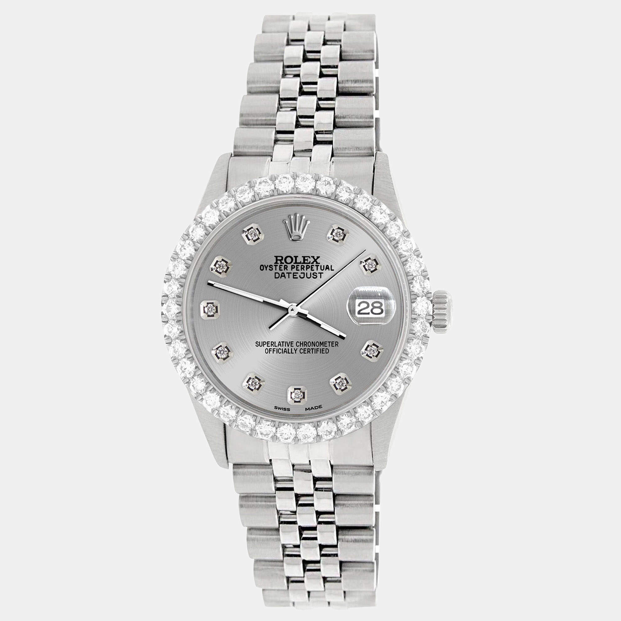 Rolex Custom Silver 3.05CT Diamond Stainless Steel Datejust  Automatic Men's Wristwatch 36MM