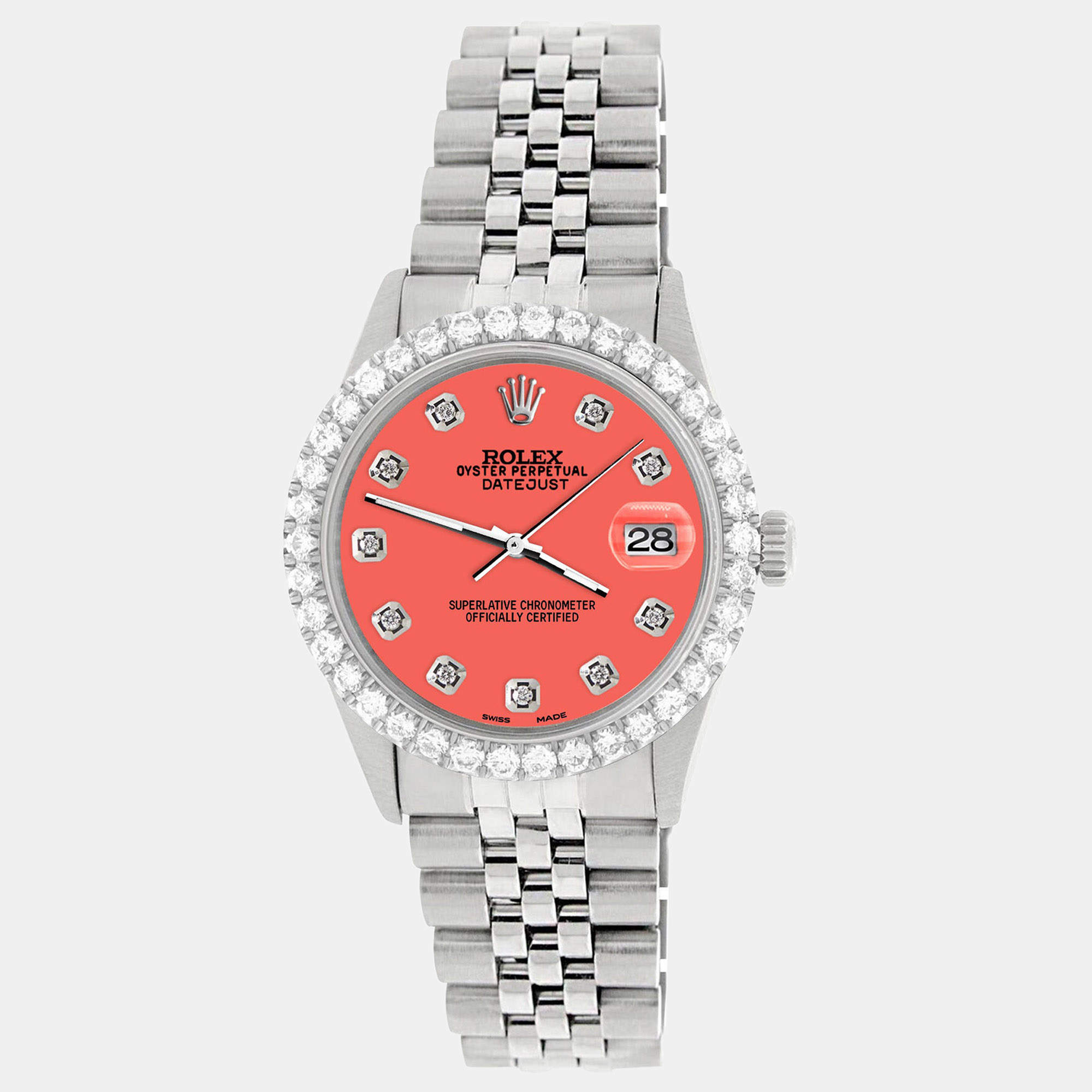 Rolex Custom Matt Coral 3.05CT Diamond Stainless Steel Datejust  Automatic Men's Wristwatch 36MM