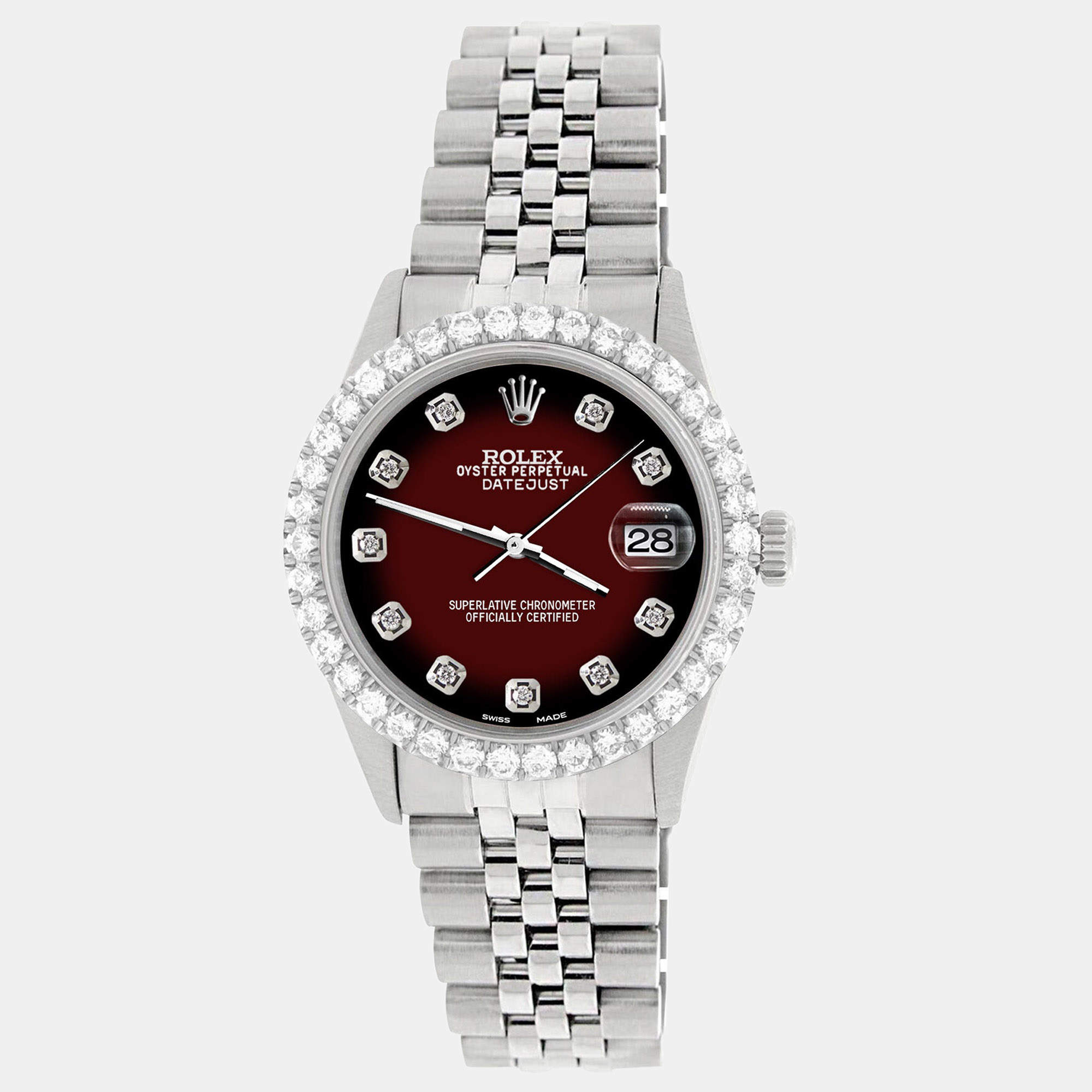 Rolex Custom Maroon Vignette 3.05CT Diamond Stainless Steel Datejust  Automatic Men's Wristwatch 36MM
