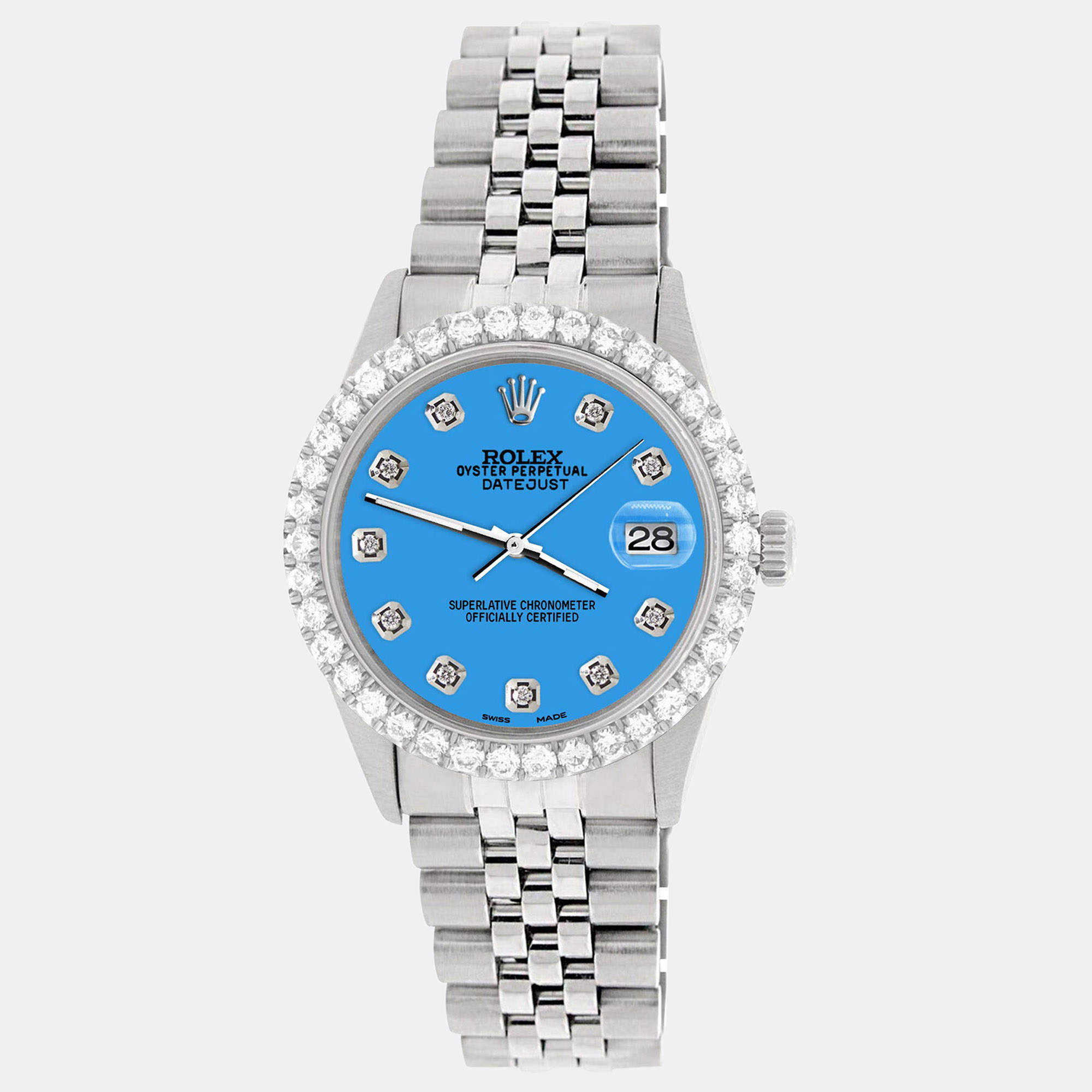Rolex Custom Blue 3.05CT Diamond Stainless Steel Datejust  Automatic Men's Wristwatch 36MM