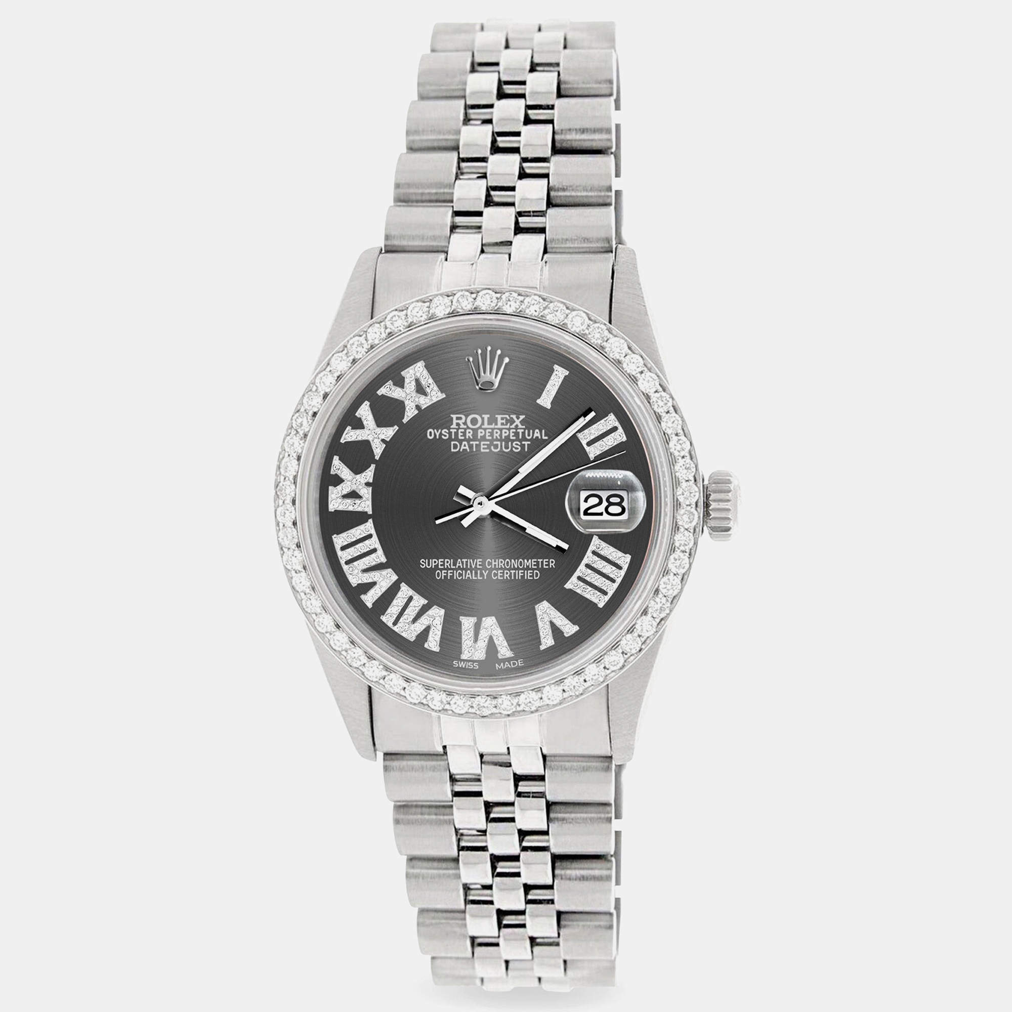Rolex Custom Grey Diamond Stainless Steel Datejust  Automatic Men's Wristwatch 36MM