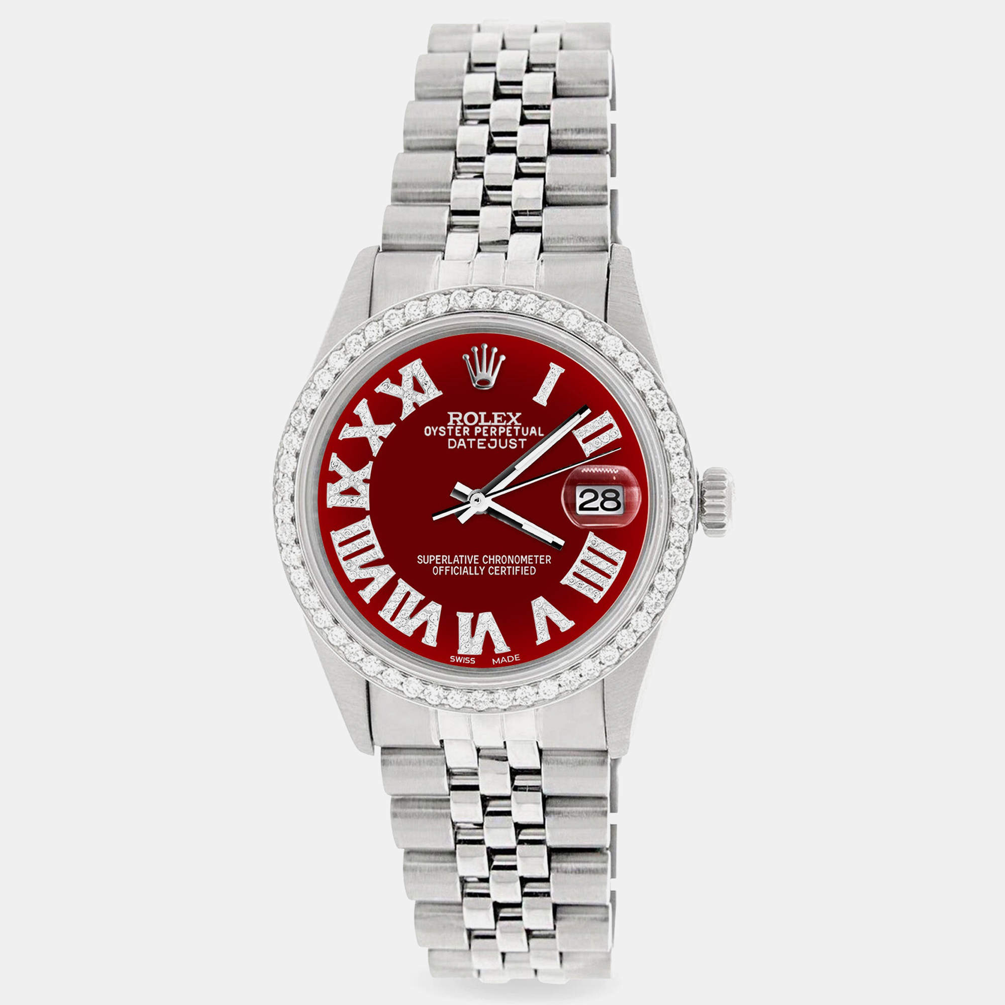 Rolex Custom Red Diamond Stainless Steel Datejust  Automatic Men's Wristwatch 36MM