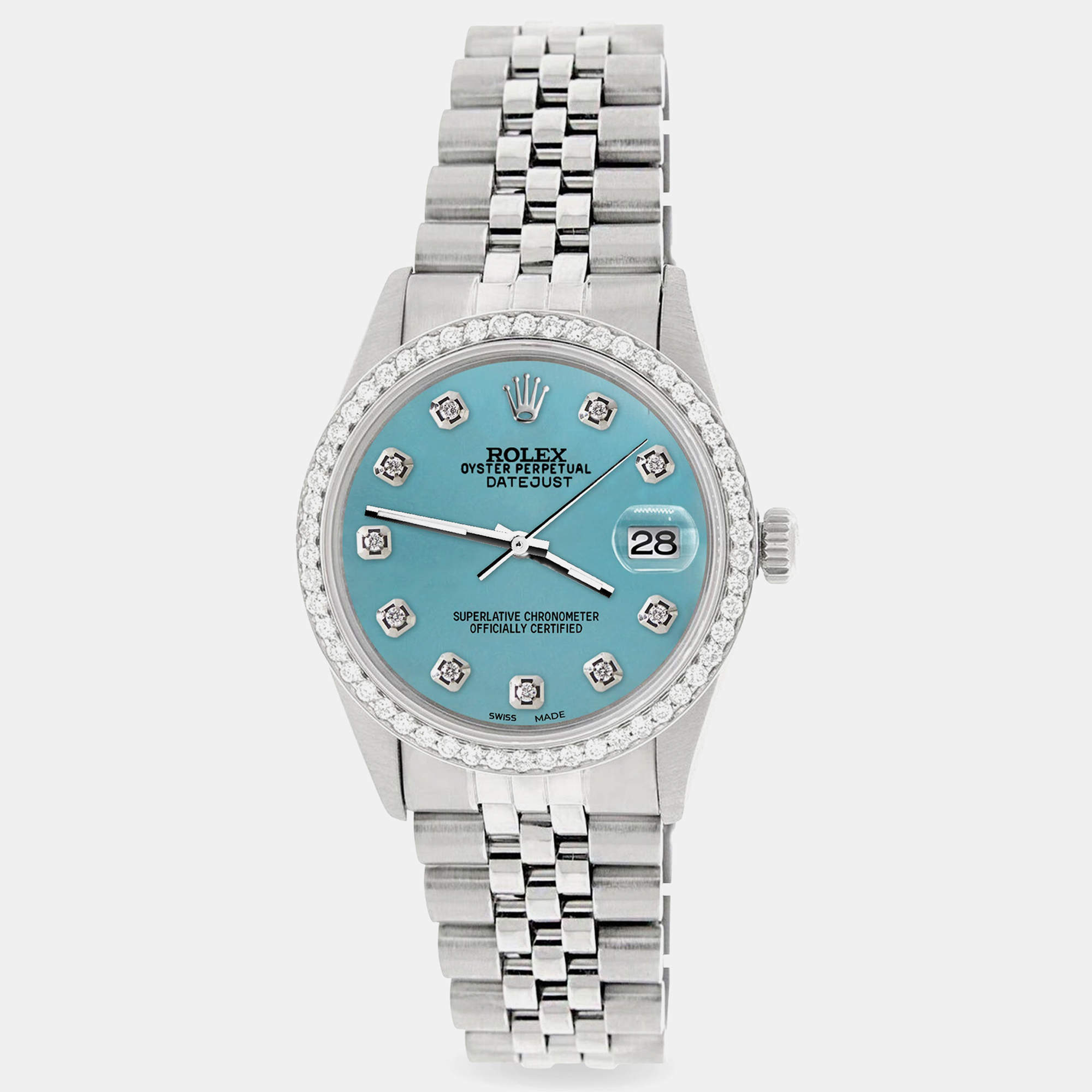 Rolex Custom Turquoise 1.1CT Diamond Stainless Steel Datejust  Automatic Men's Wristwatch 36mm