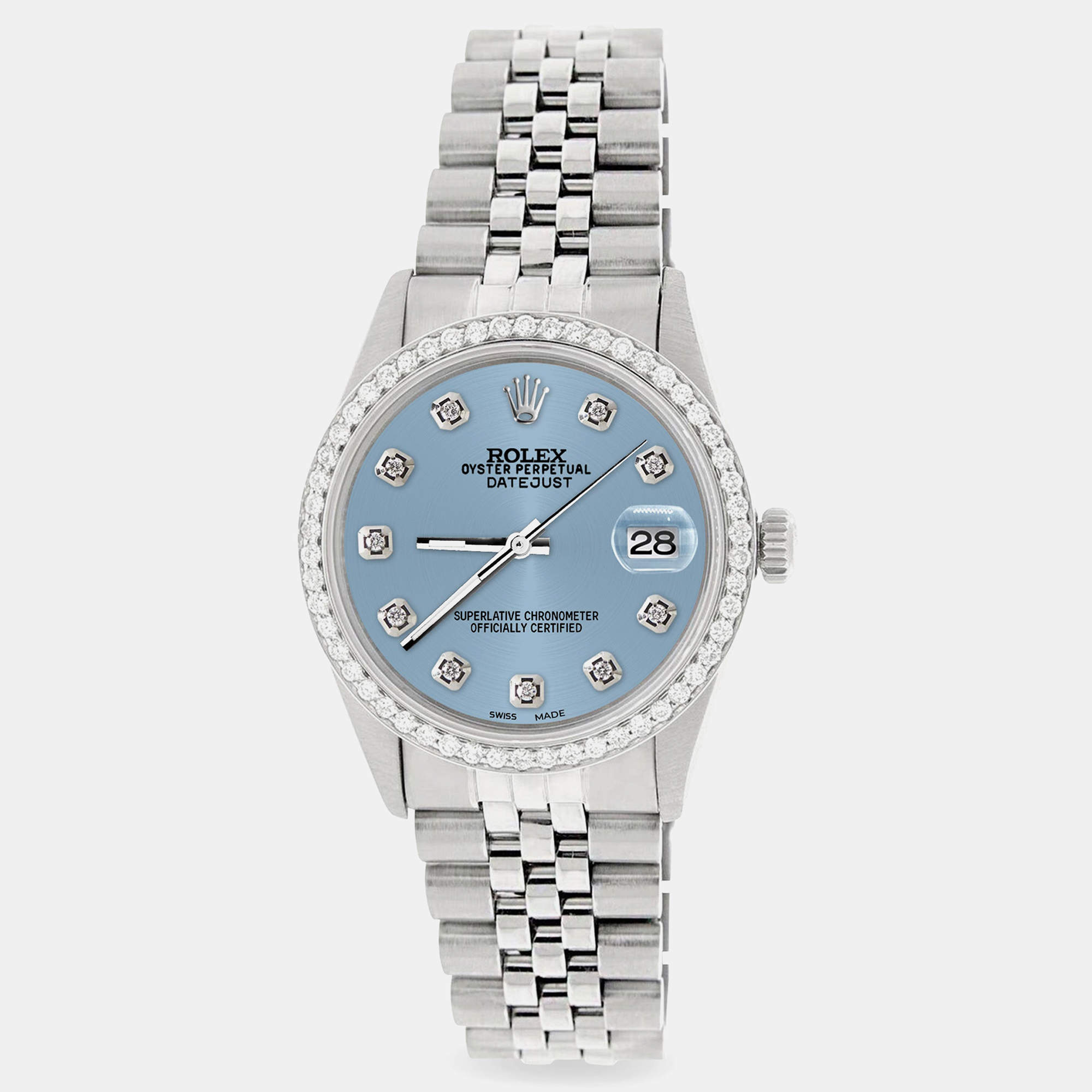 Rolex Custom Ice Blue 1.1CT Diamond Stainless Steel Datejust  Automatic Men's Wristwatch 36mm