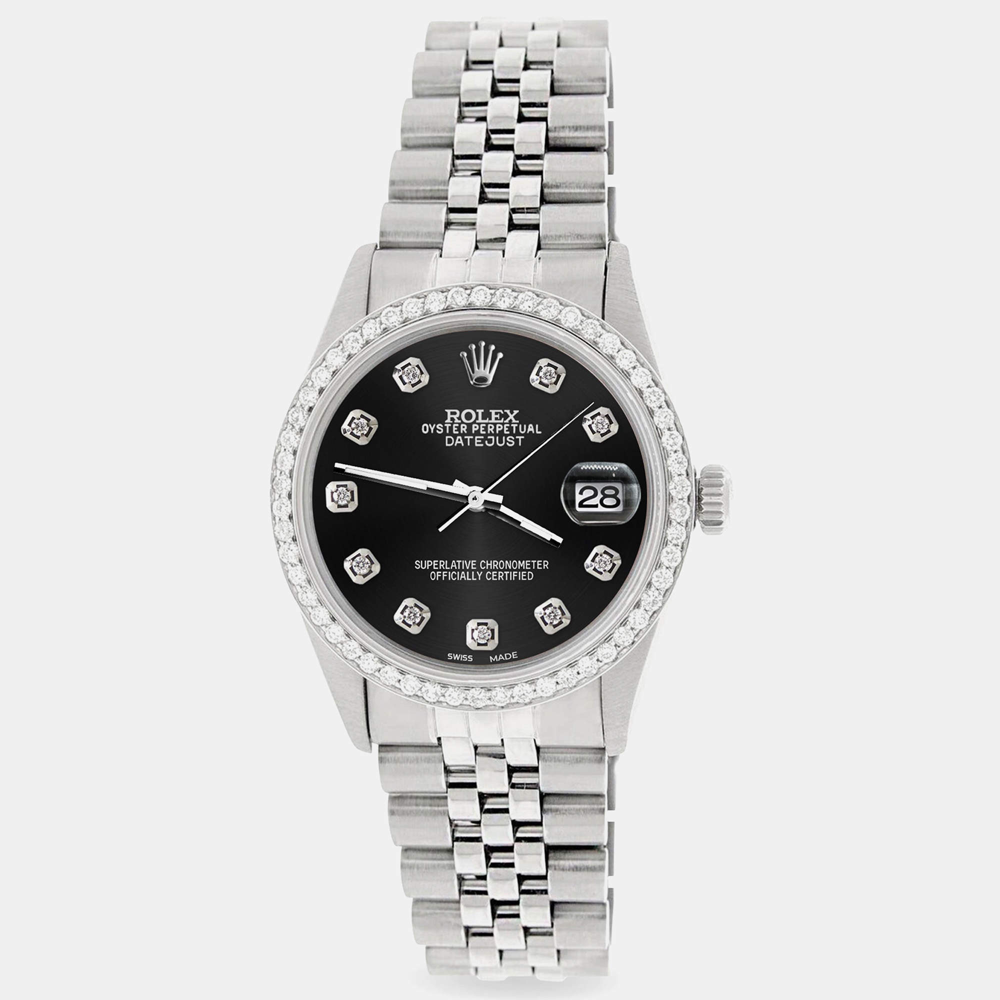 Rolex Custom Black 1.1CT Diamond Stainless Steel Datejust  Automatic Men's Wristwatch 36mm