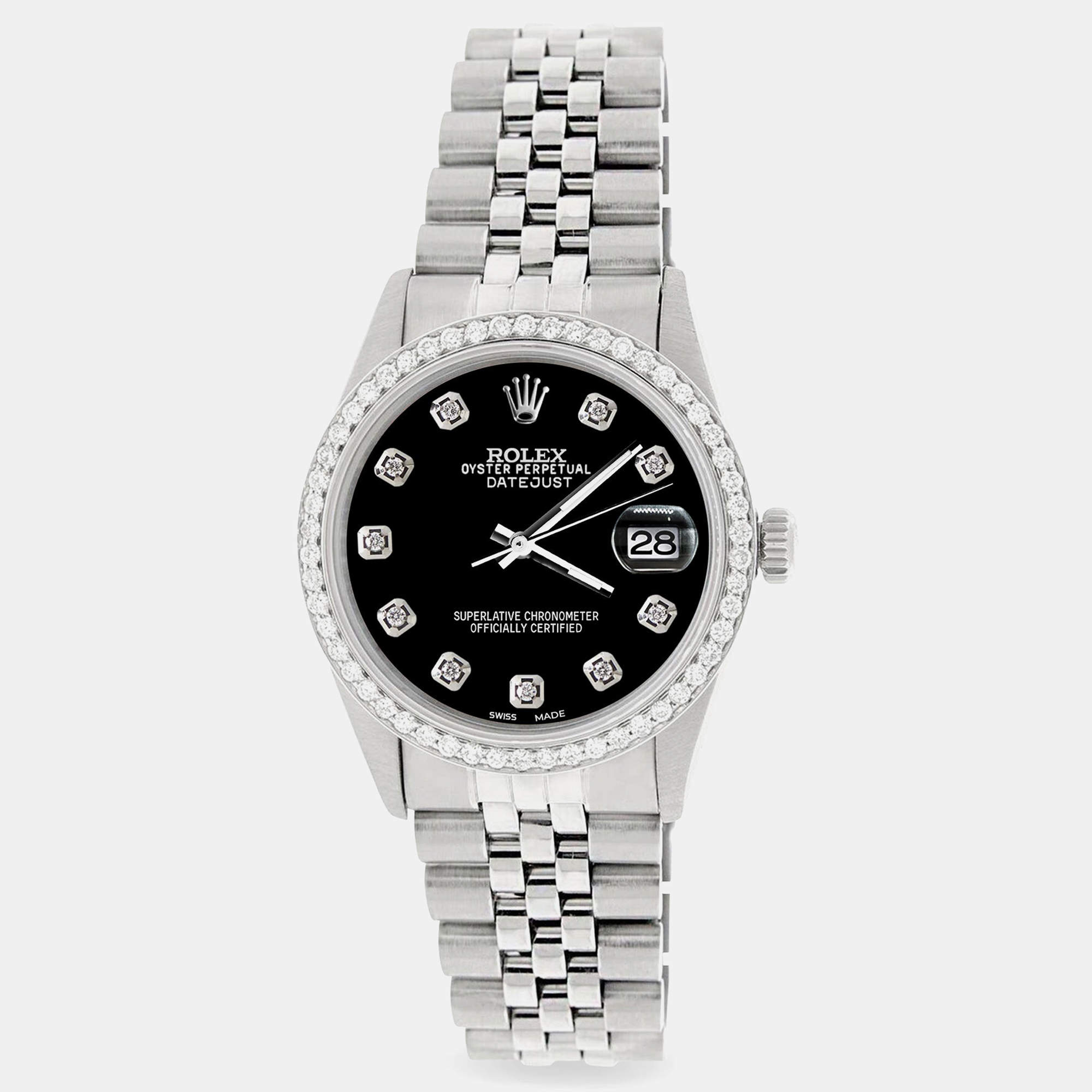 Rolex Custom Black 1.1CT Diamond Stainless Steel Datejust  Automatic Men's Wristwatch 36mm