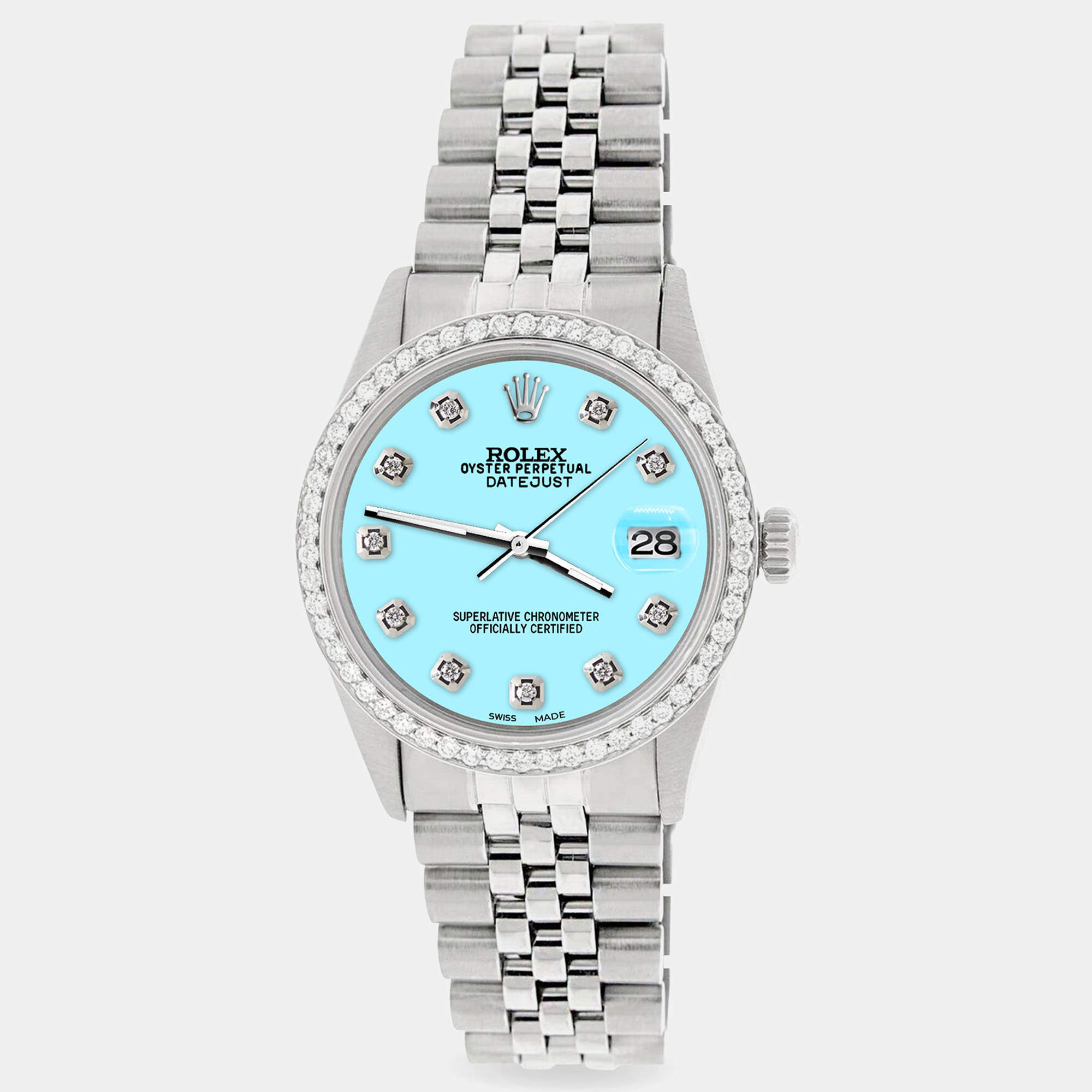 Rolex Custom Aqua Blue 1.1CT Diamond Stainless Steel Datejust  Automatic Men's Wristwatch 36mm