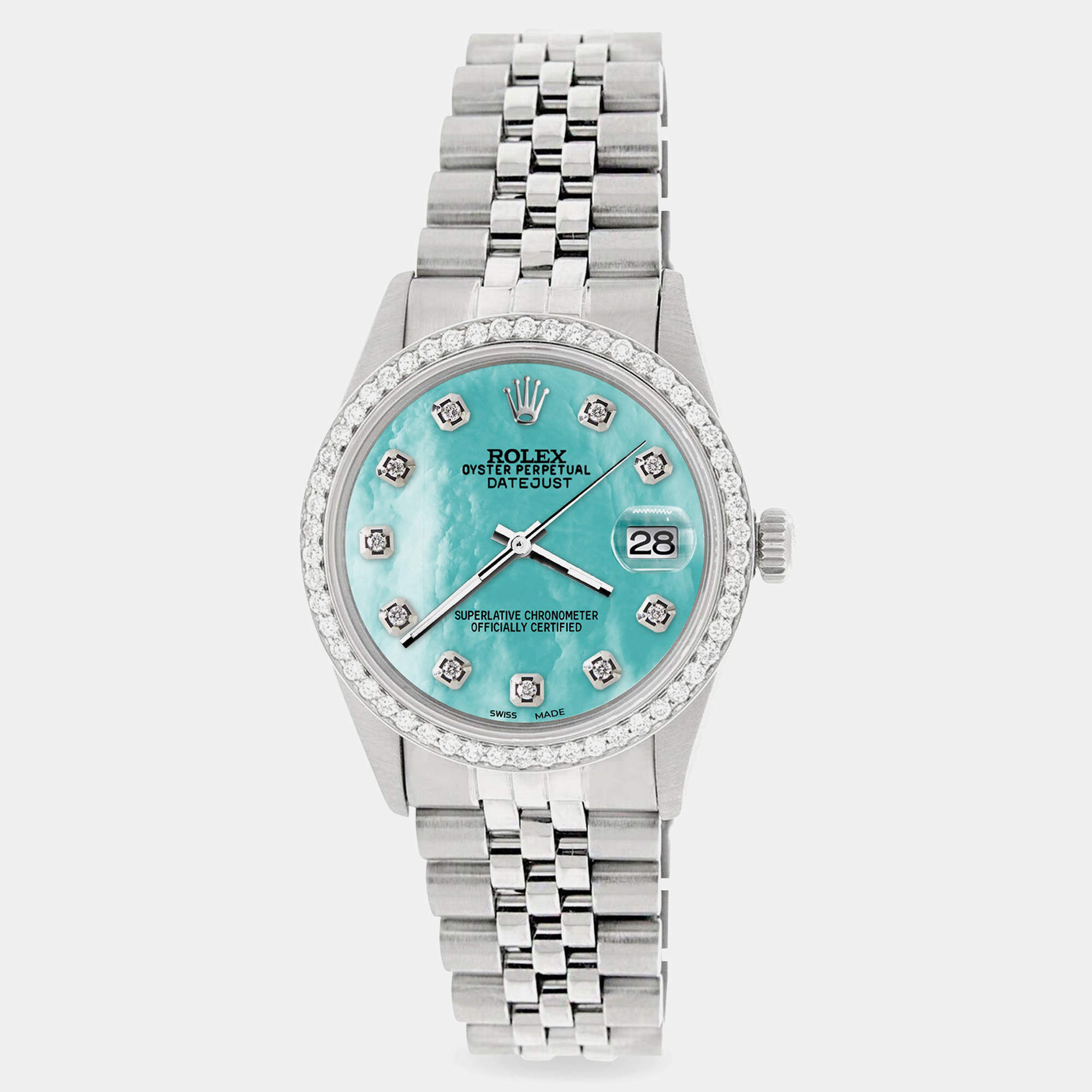 Rolex Custom Aquamarine Blue 1.1CT Diamond Stainless Steel Datejust  Automatic Men's Wristwatch 36mm