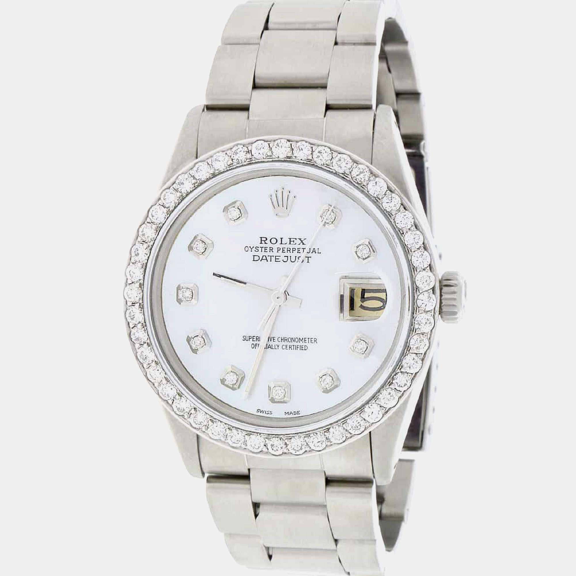 Rolex Customised  MOP Diamond Stainless Steel Datejust  Automatic Men's Wristwatch 36 mm