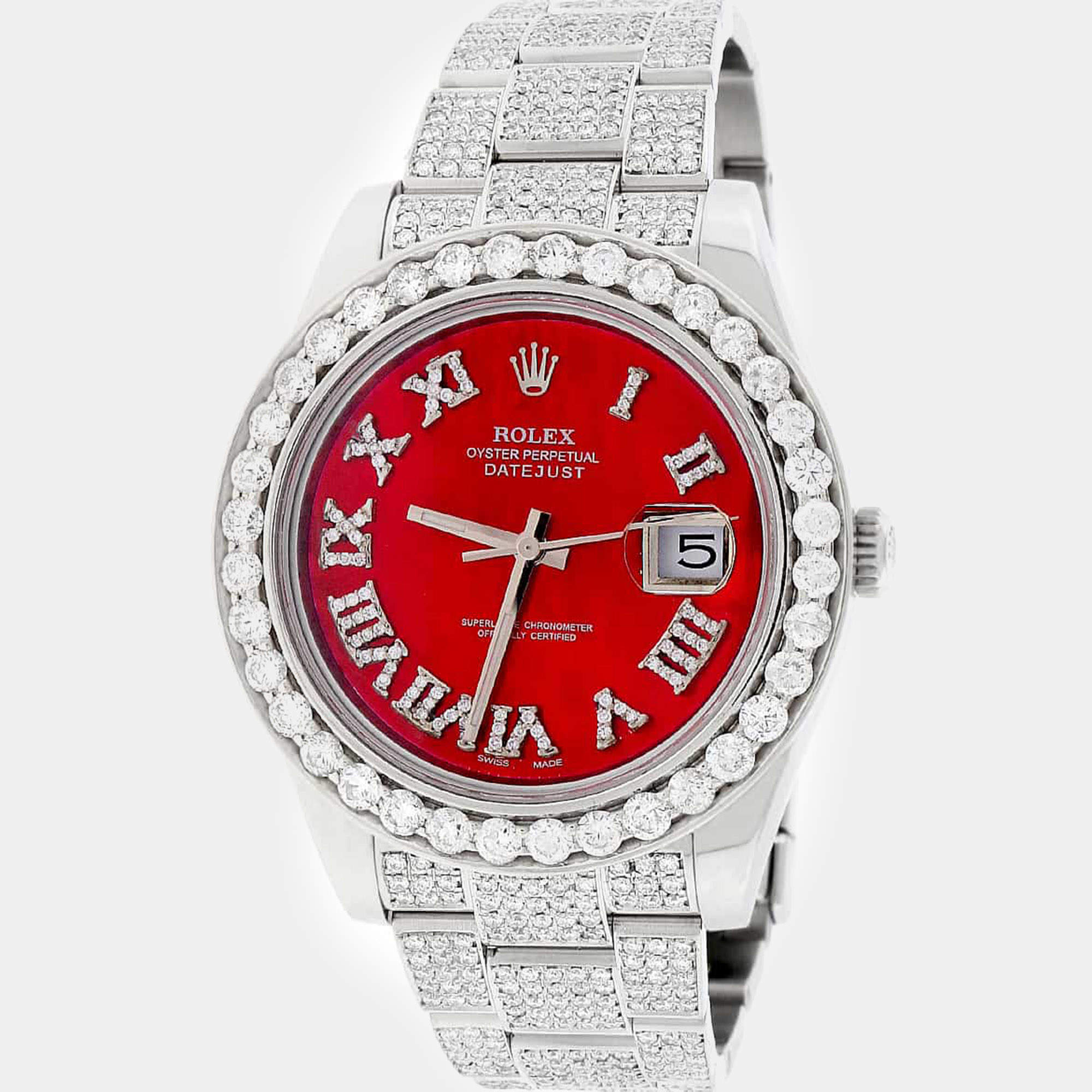 Rolex Customised Red MOP 9.8CT Diamond Stainless Steel Datejust II 116300 Automatic Men's Wristwatch 41mm